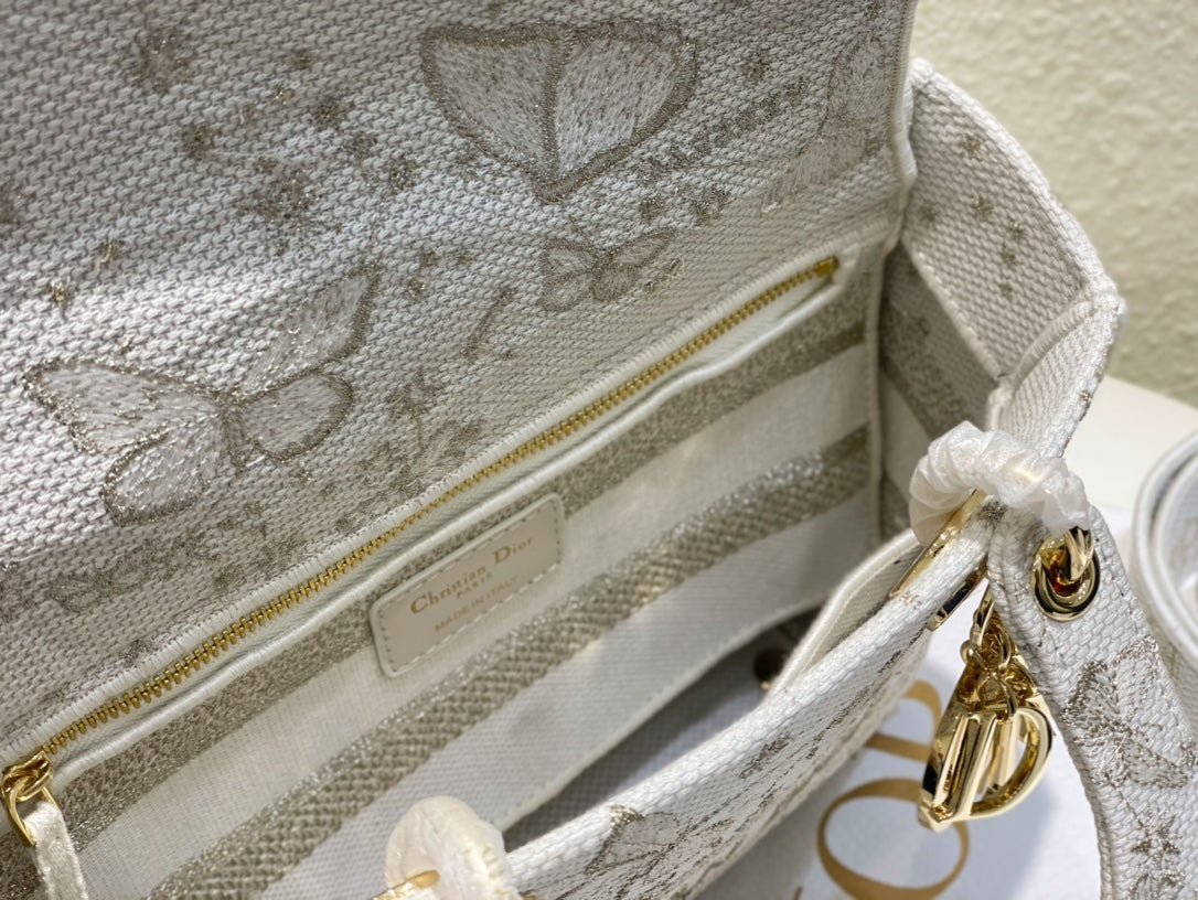 Dior Elegant Butterfly Embroidered Canvas Top Handle Bag with Shoulder Strap