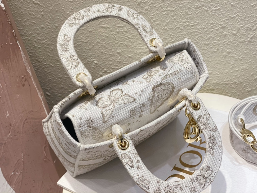 Dior Elegant Butterfly Embroidered Canvas Top Handle Bag with Shoulder Strap