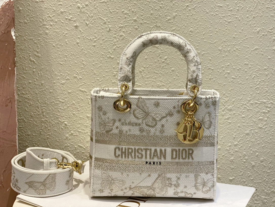 Dior Elegant Butterfly Embroidered Canvas Top Handle Bag with Shoulder Strap
