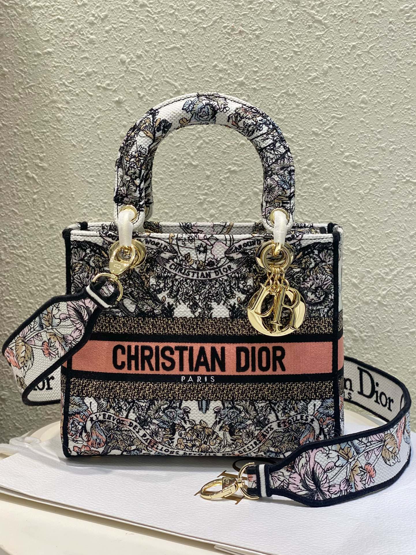 Dior Vintage Embroidered Floral Canvas Handbag with Shoulder Strap