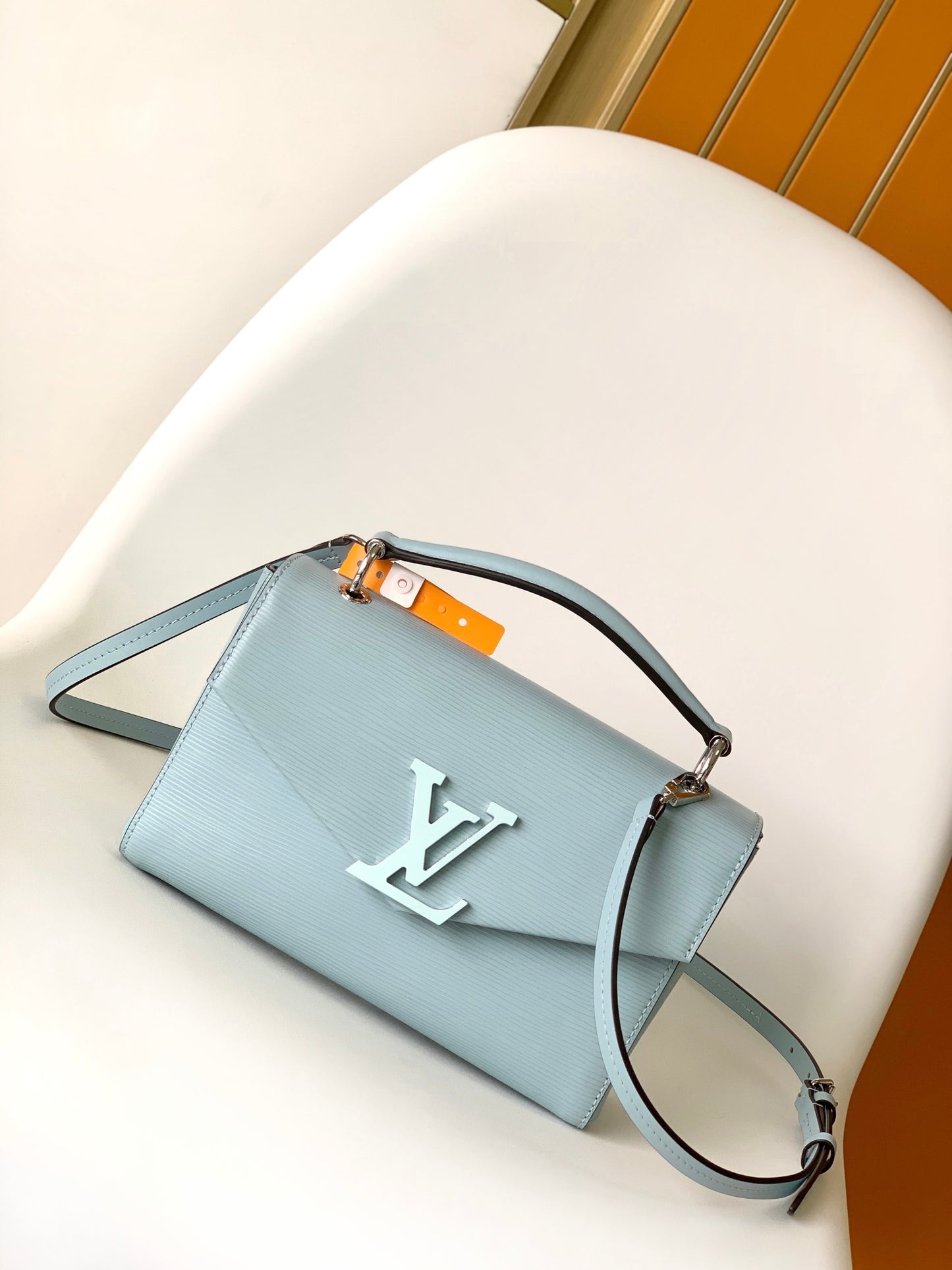 Louis Vuitton Classic Light Blue Textured Leather Crossbody Handbag with Top Handle