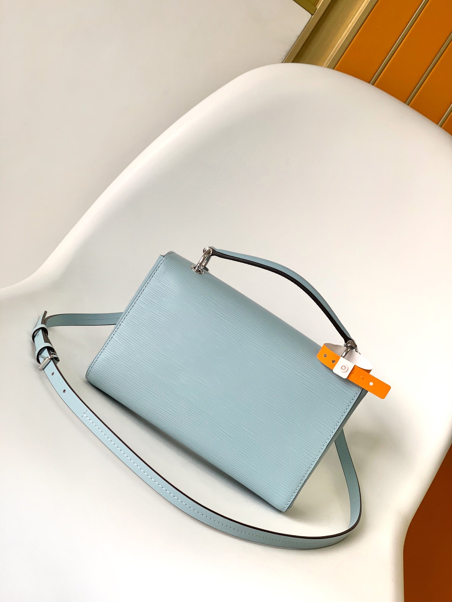 Louis Vuitton Classic Light Blue Textured Leather Crossbody Handbag with Top Handle