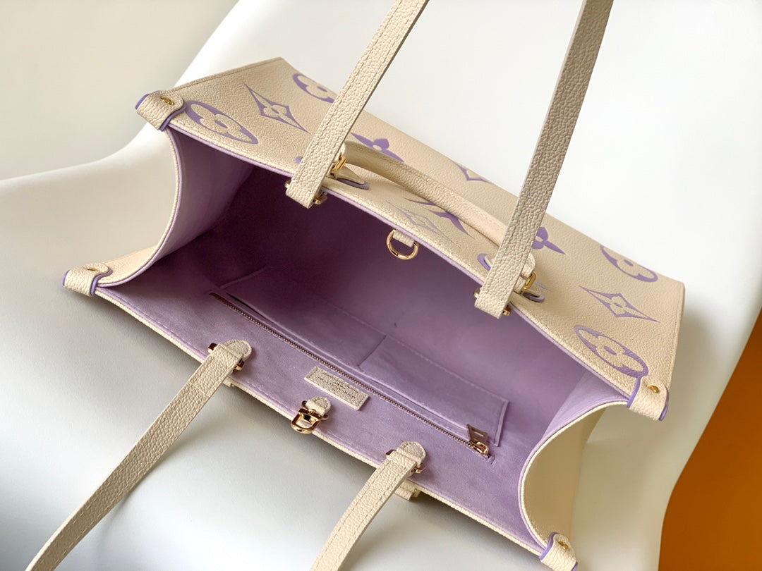 Louis Vuitton Elegant Cream Leather Tote Bag with Purple Monogram Print