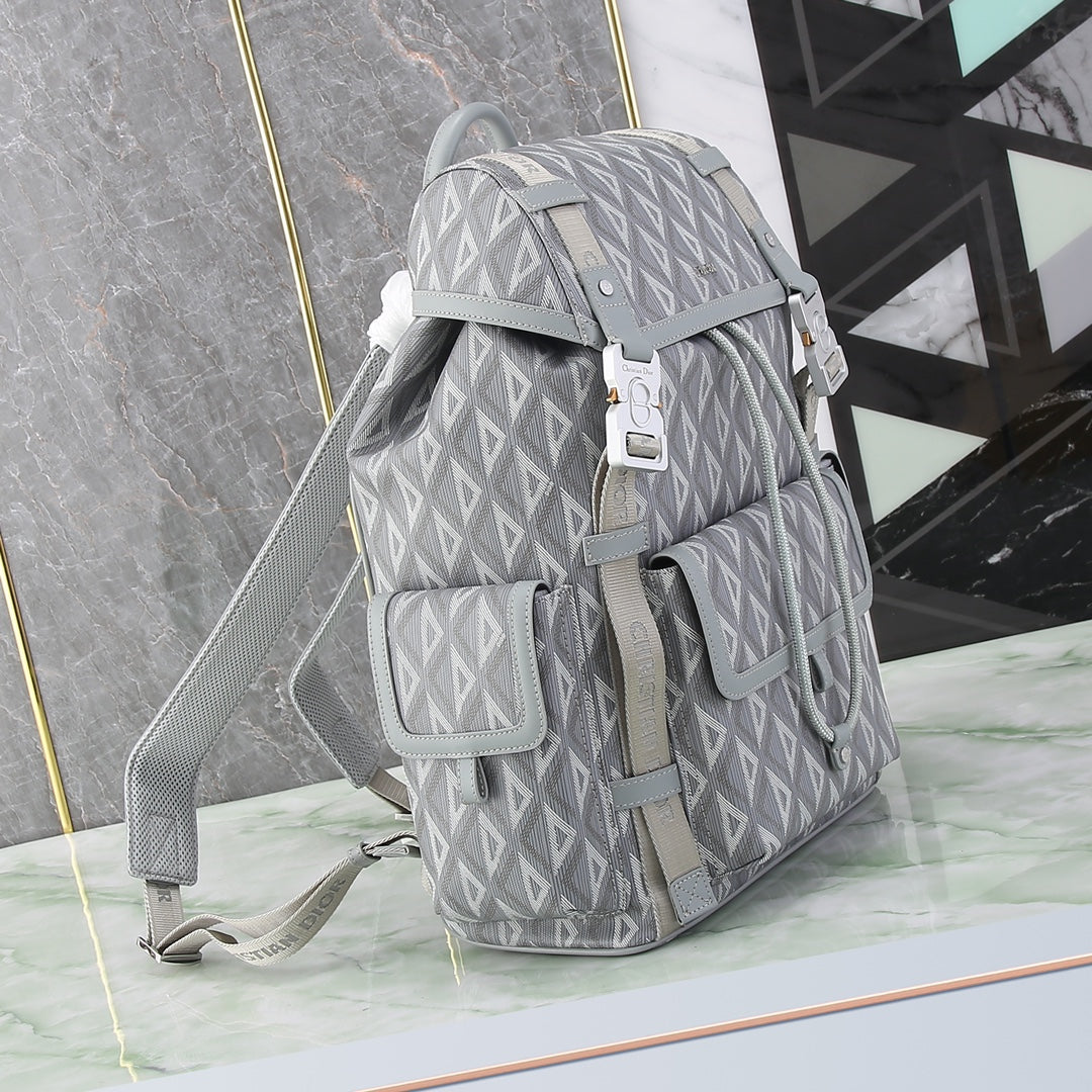Dior Grey Geometric Diamond Pattern Drawstring Travel Backpack