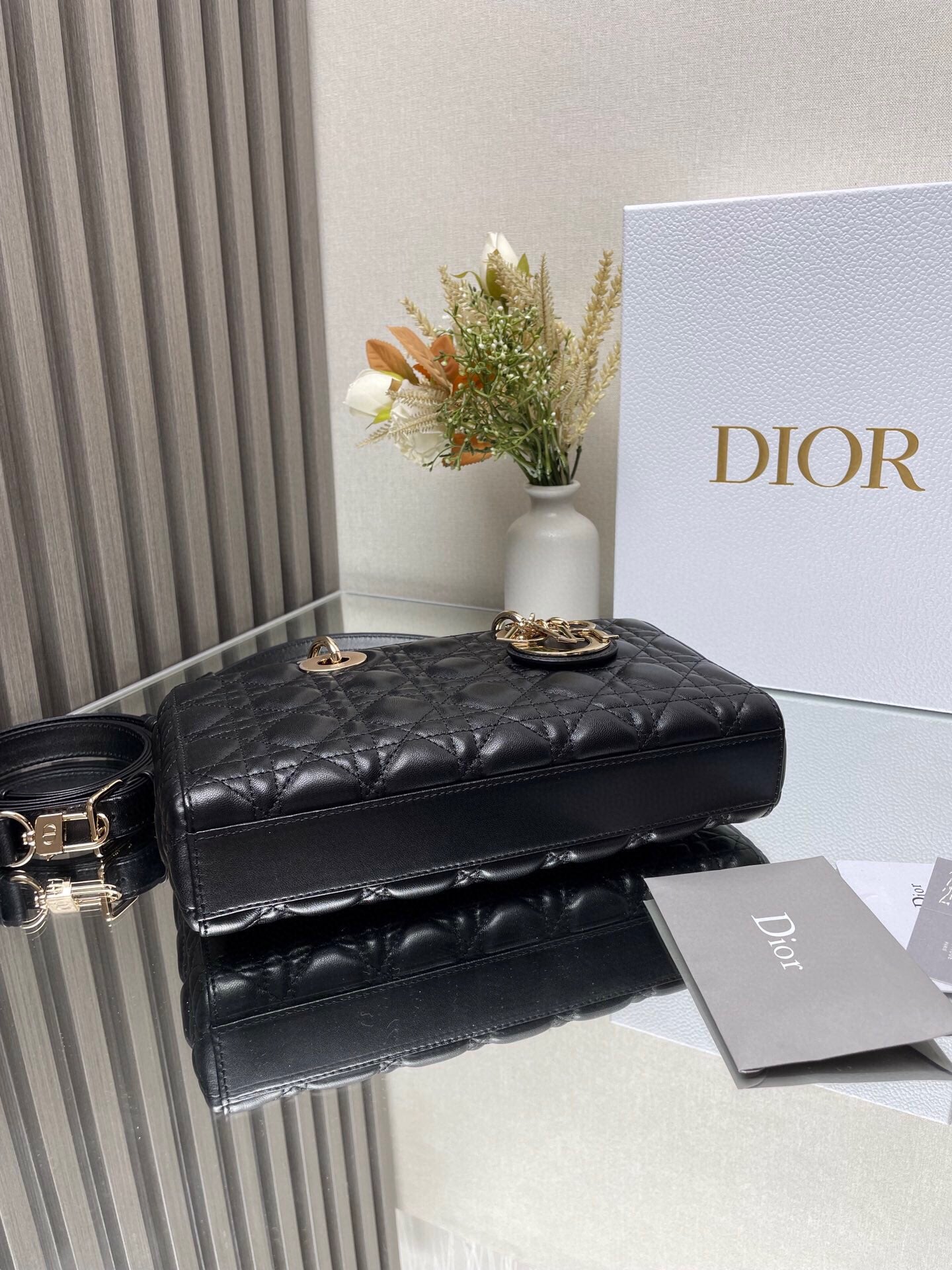 Dior Black Quilted Leather Top Handle Handbag with Gold Chain Strap