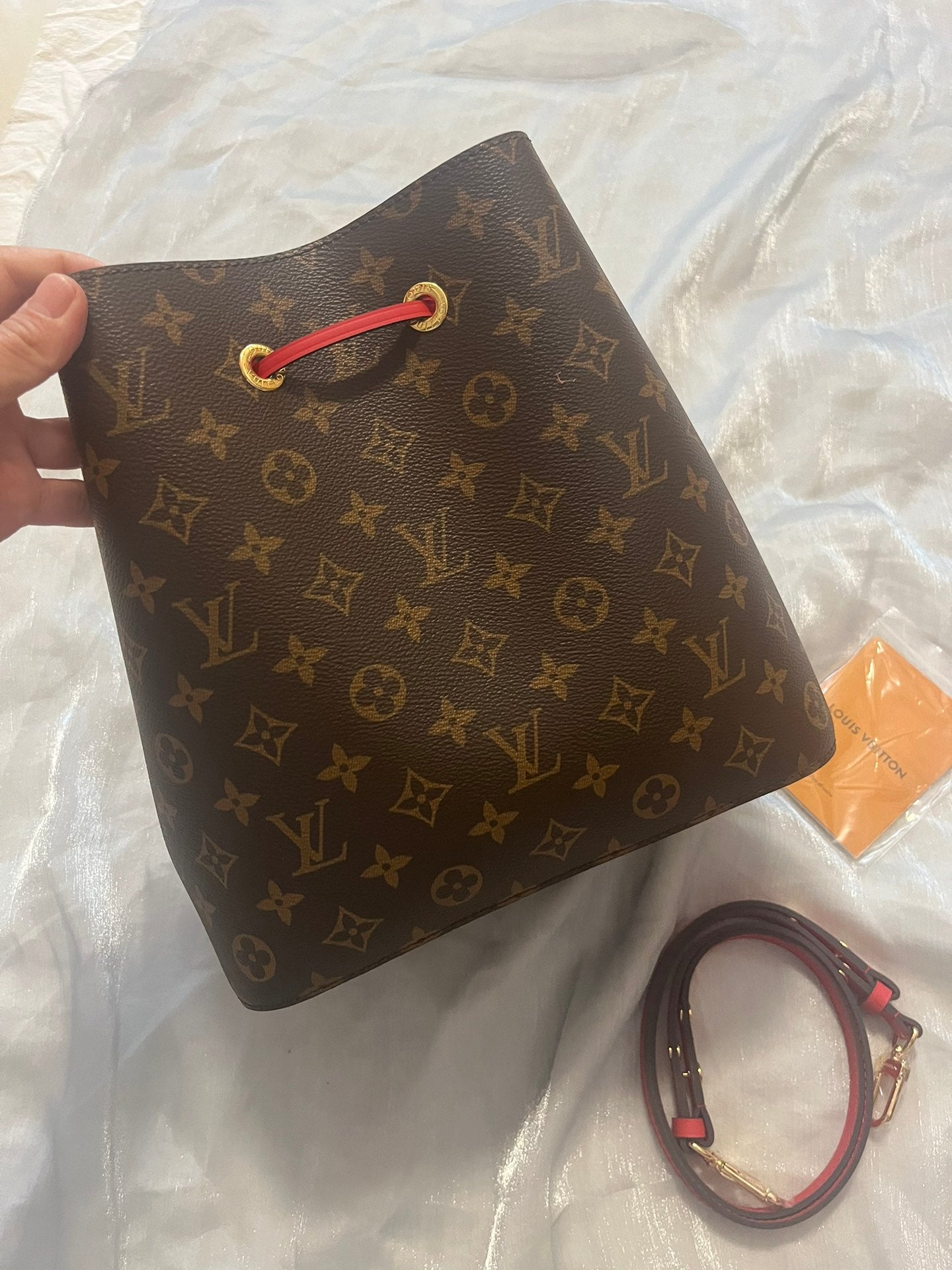 Louis Vuitton Brown Monogram Canvas Drawstring Bucket Bag with Red Strap