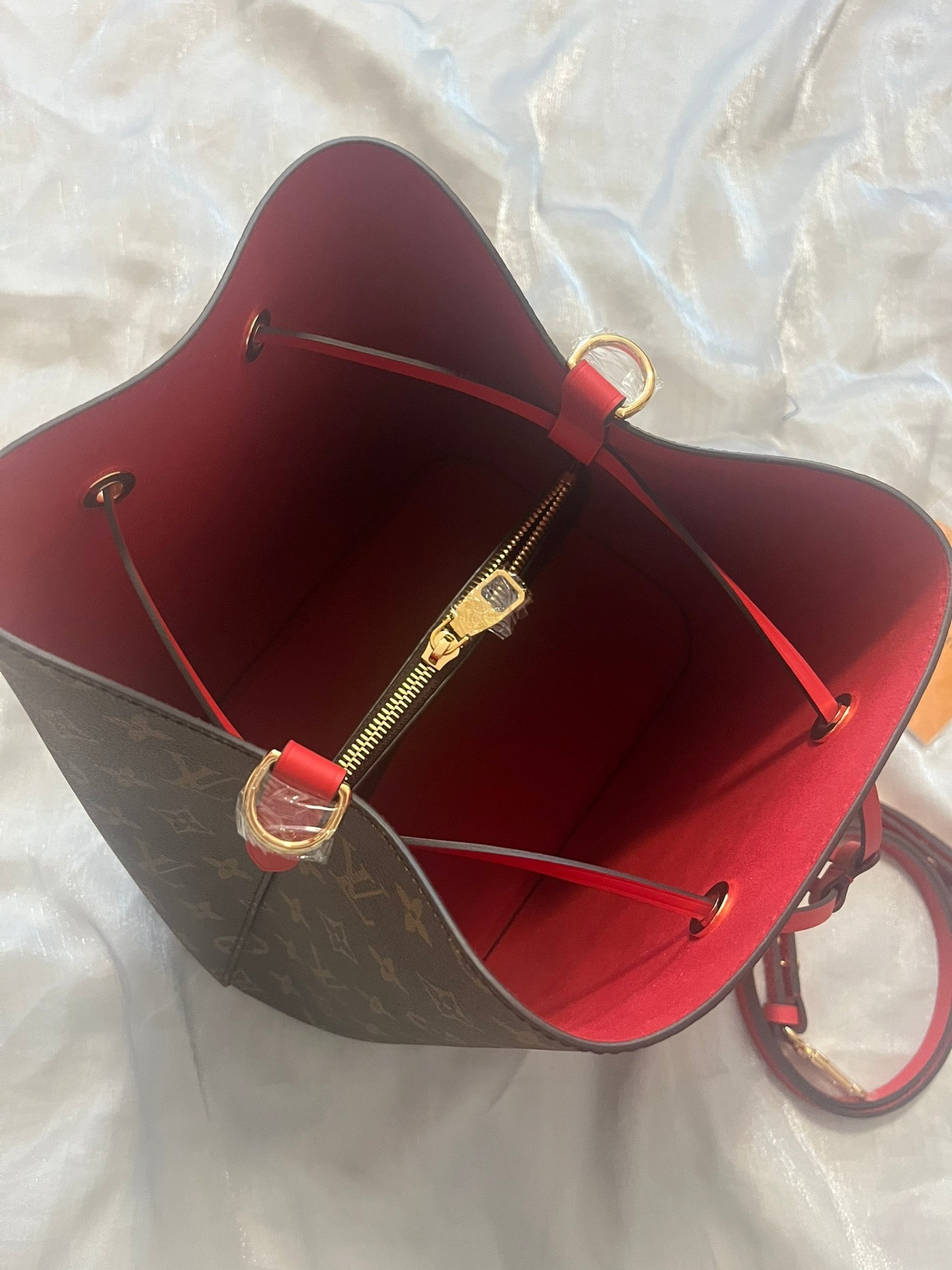 Louis Vuitton Brown Monogram Canvas Drawstring Bucket Bag with Red Strap
