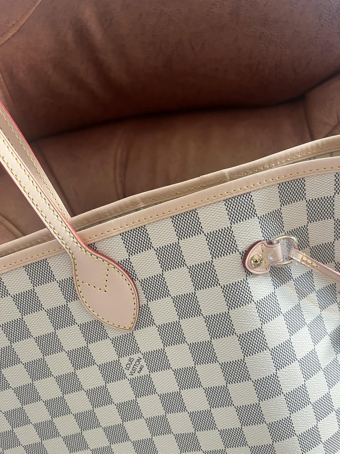 Louis Vuitton Grey and White Checkered Canvas Tote Bag with Pouch Shoulder Purse