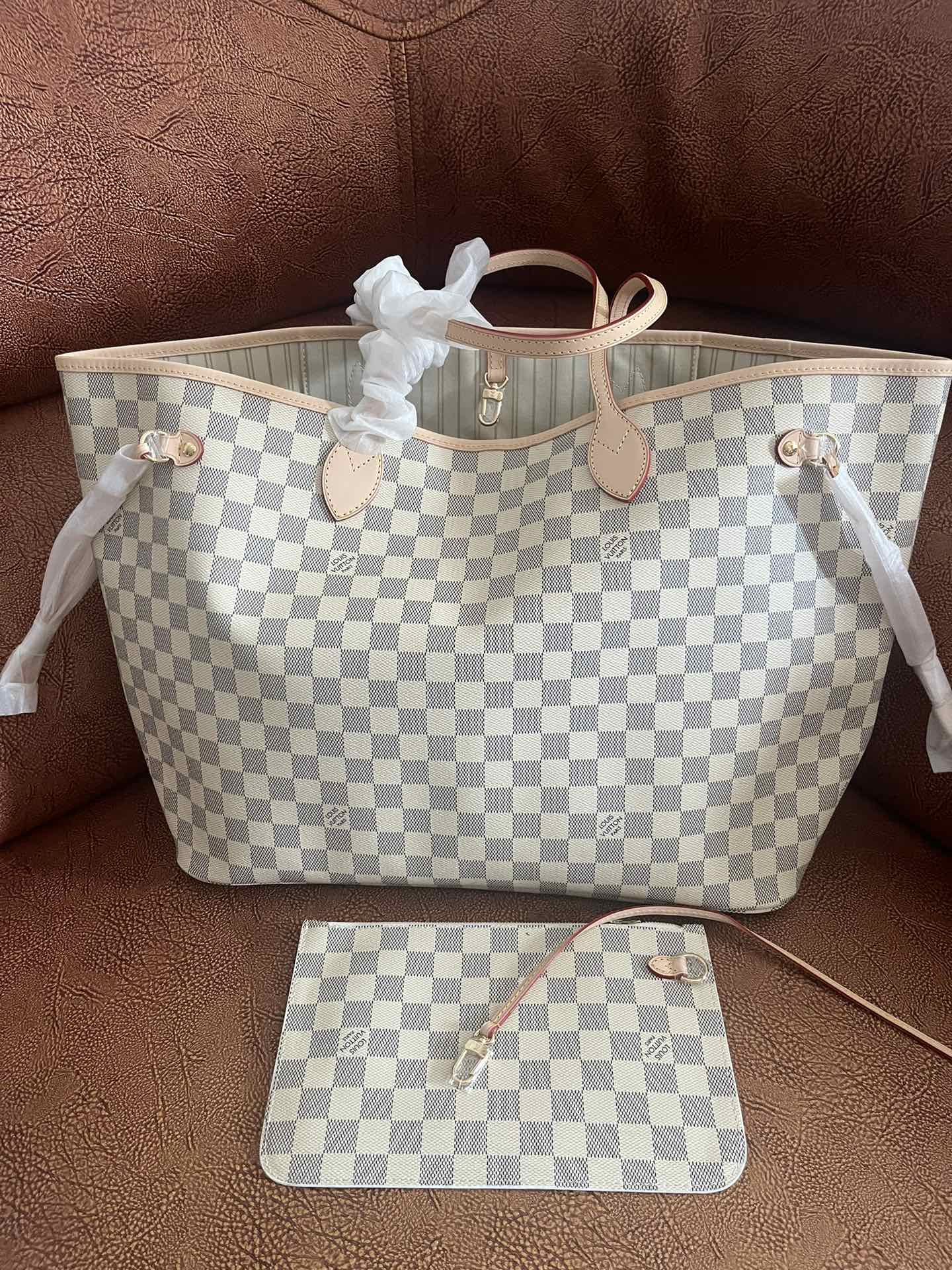 Louis Vuitton Grey and White Checkered Canvas Tote Bag with Pouch Shoulder Purse