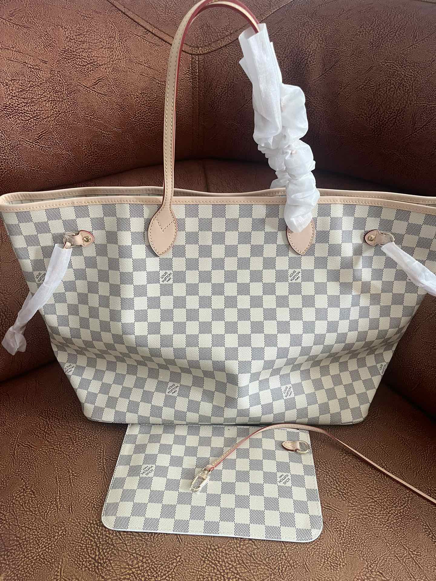 Louis Vuitton Grey and White Checkered Canvas Tote Bag with Pouch Shoulder Purse