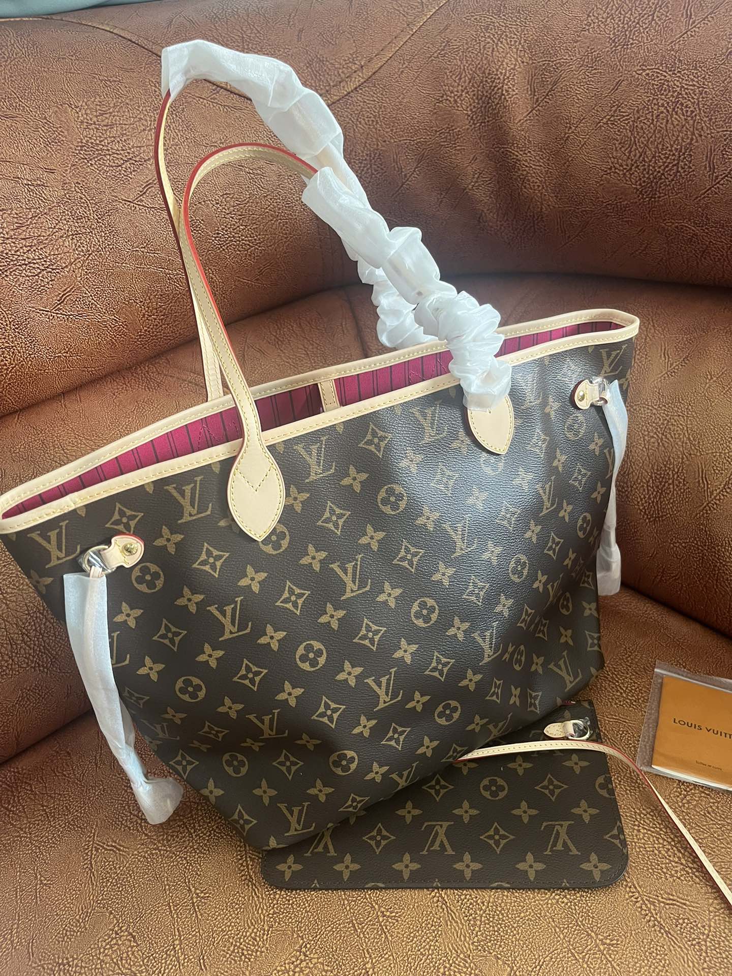 Louis Vuitton Classic Brown Monogram Canvas Shoulder Tote Bag with Matching Pouch