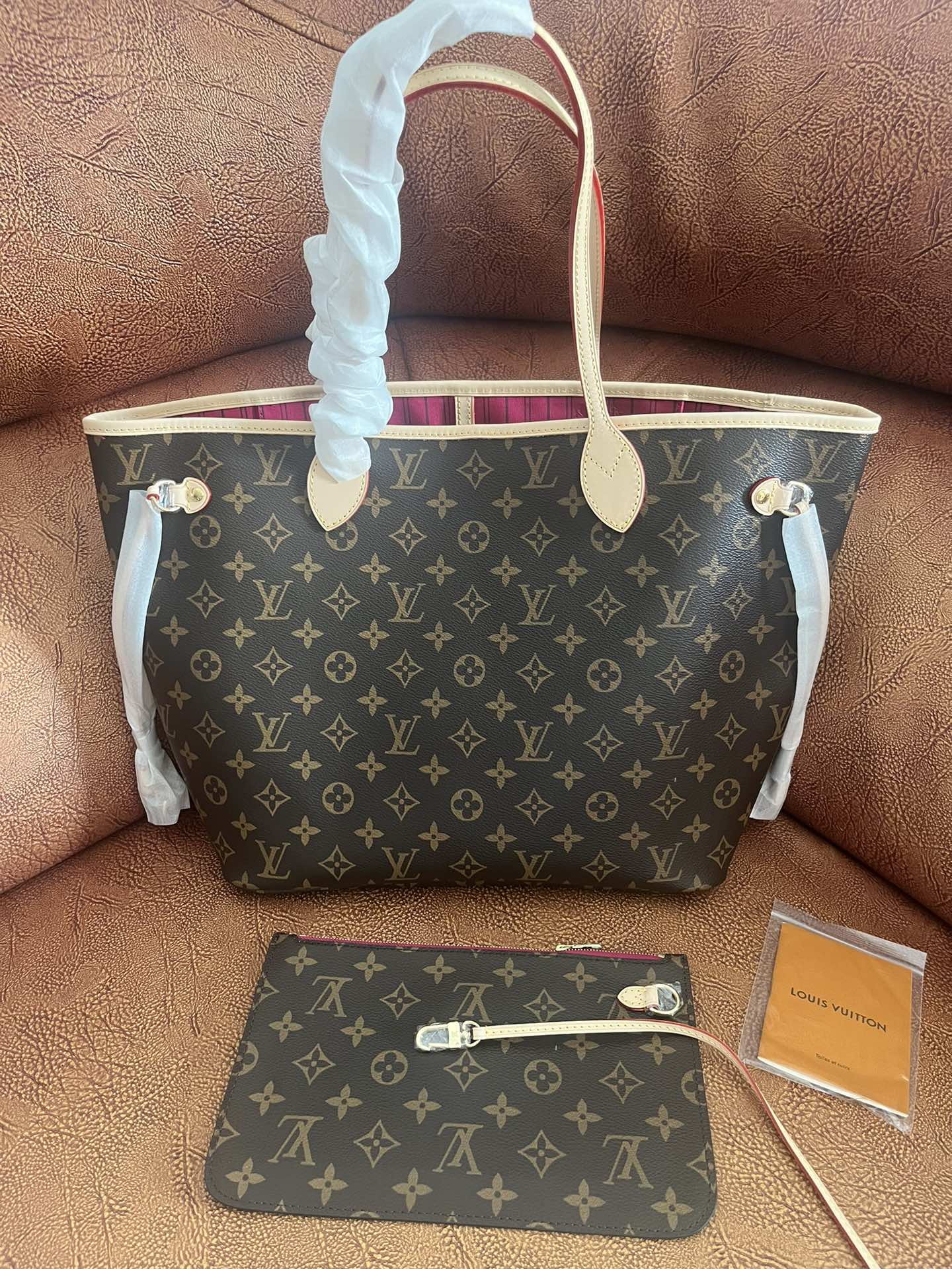 Louis Vuitton Classic Brown Monogram Canvas Shoulder Tote Bag with Matching Pouch