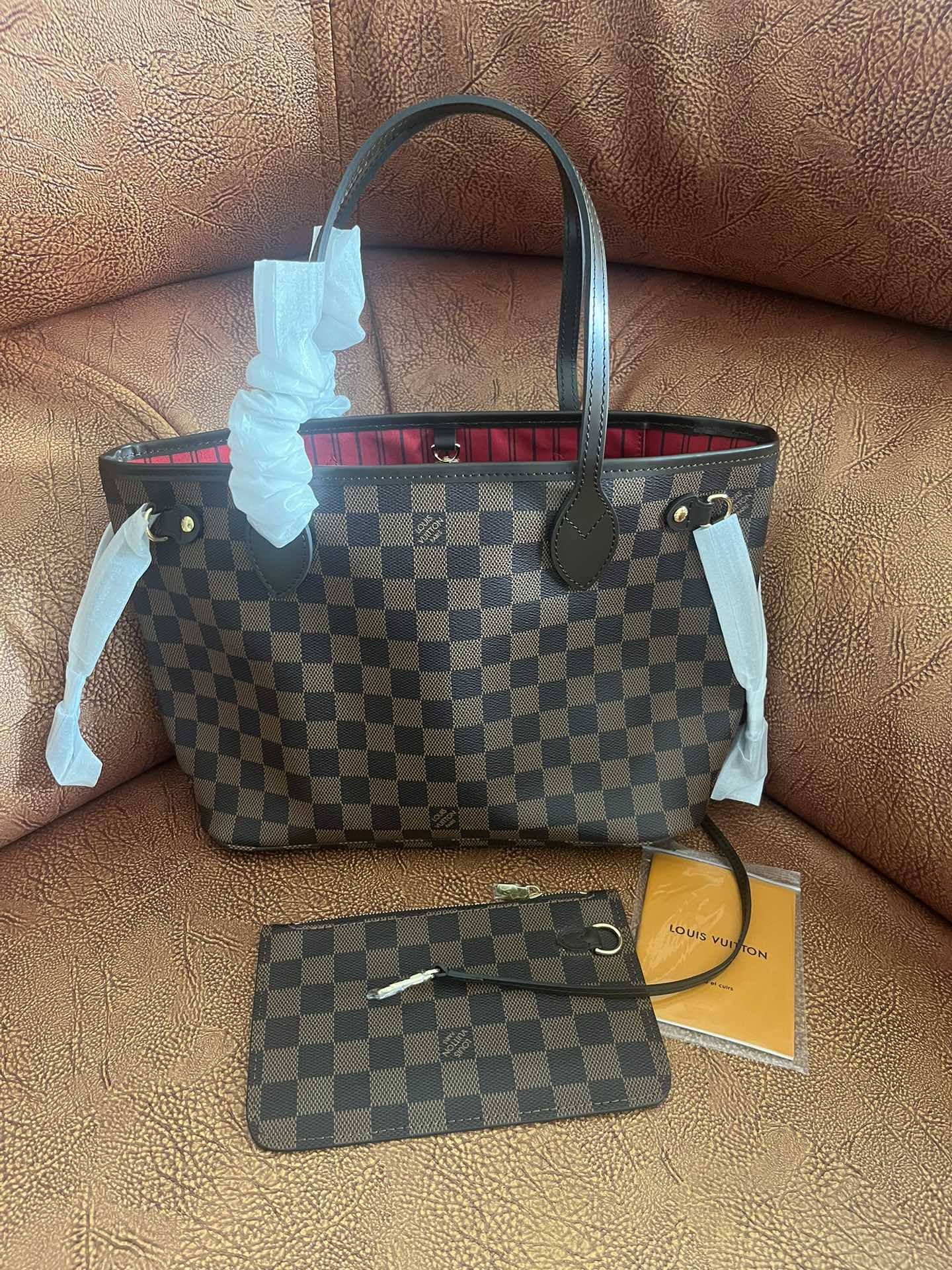 Louis Vuitton Classic Brown Checkered Canvas Tote Bag with Shoulder Straps