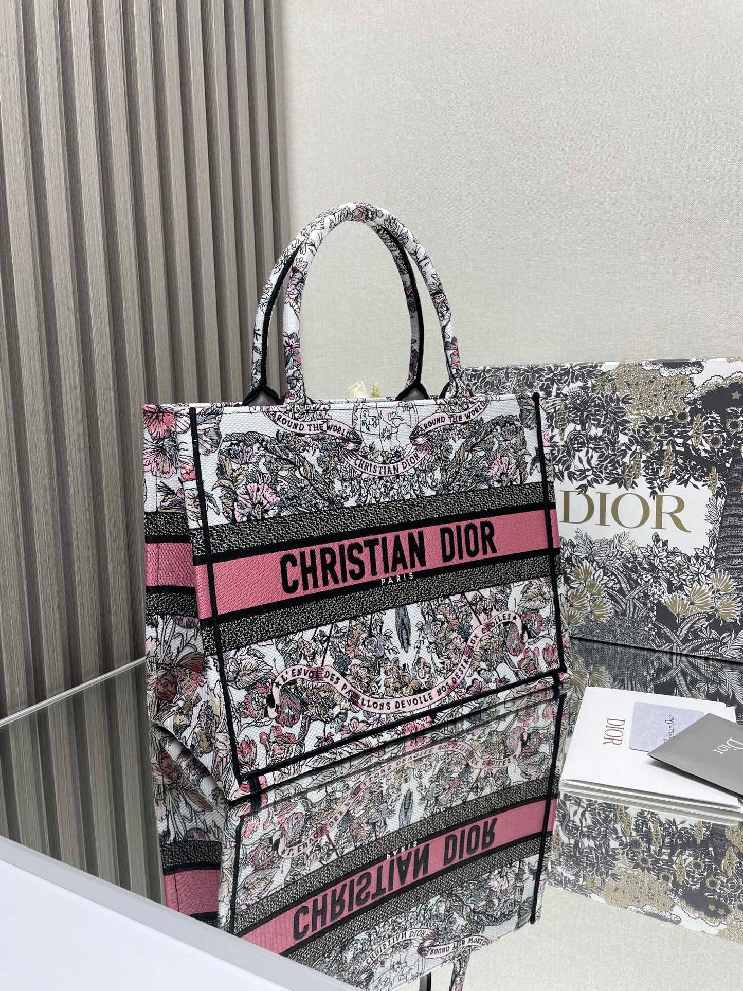 Dior Elegant Pink and Black Floral Tapestry Canvas Tote Handbag