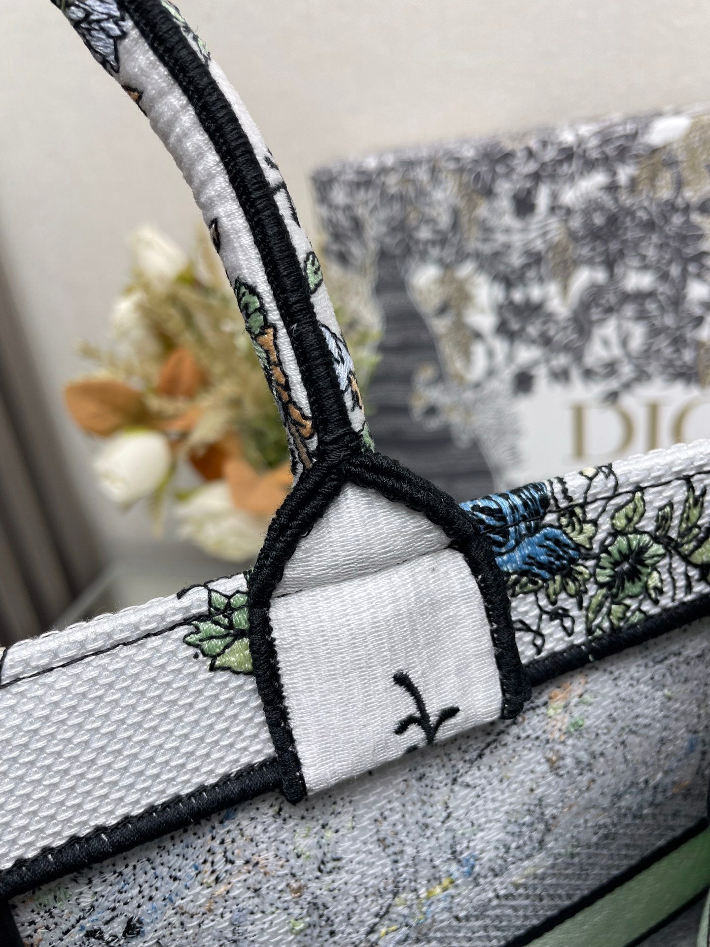 Dior Vintage Style Floral Embroidered Canvas Tote Bag with Top Handles