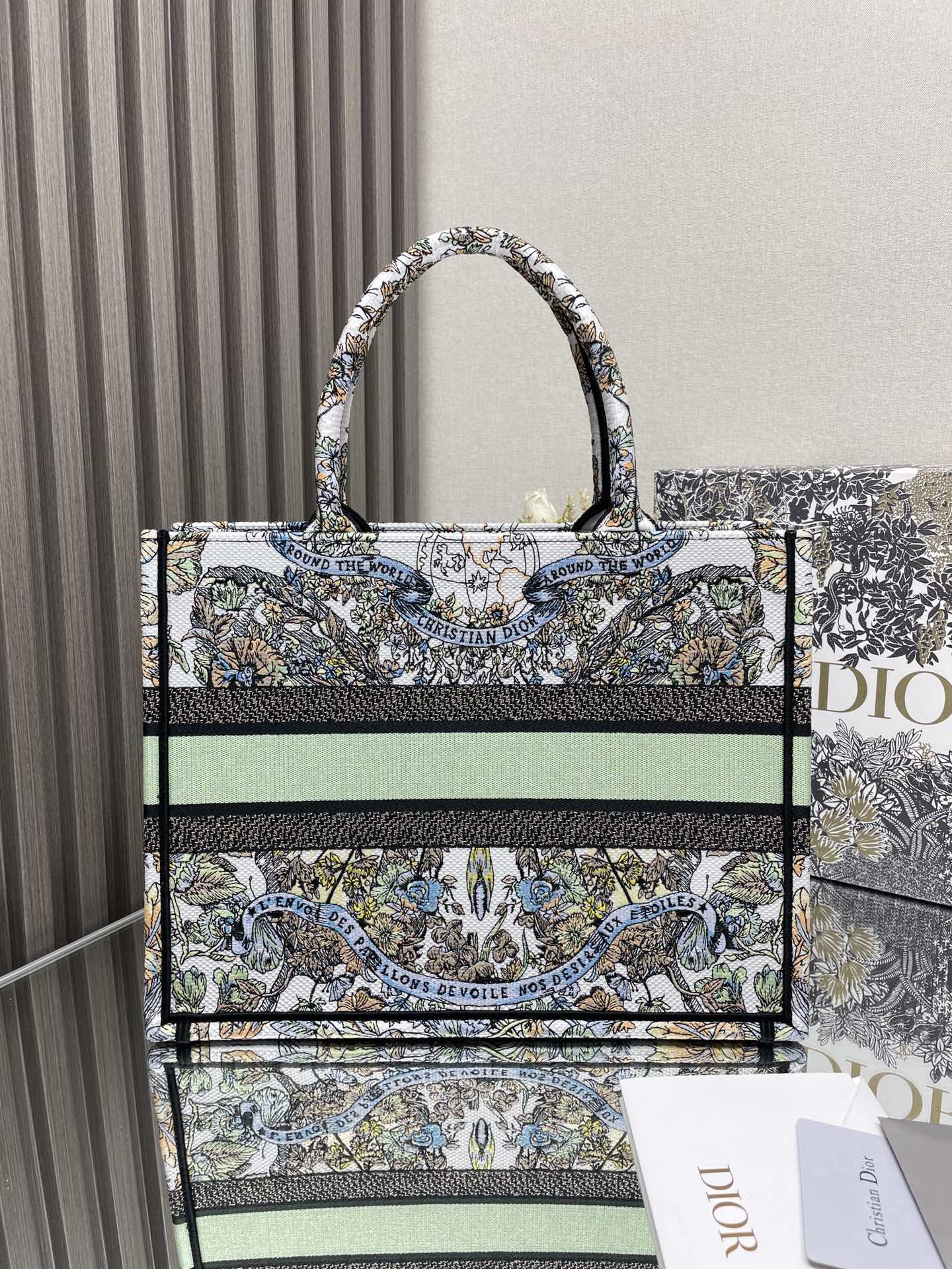 Dior Vintage Style Floral Embroidered Canvas Tote Bag with Top Handles