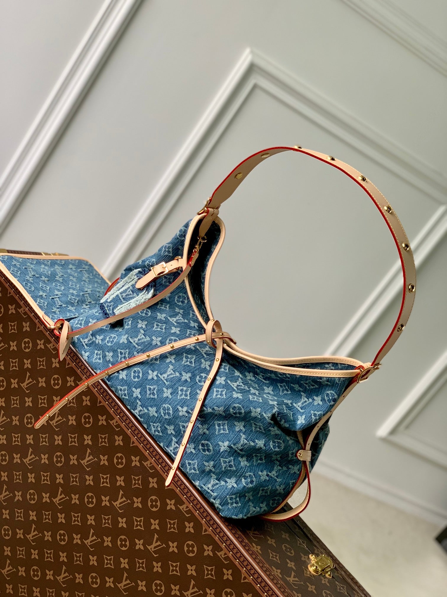 Louis Vuitton Classic Blue Monogram Denim Shoulder Handbag with Leather Bow