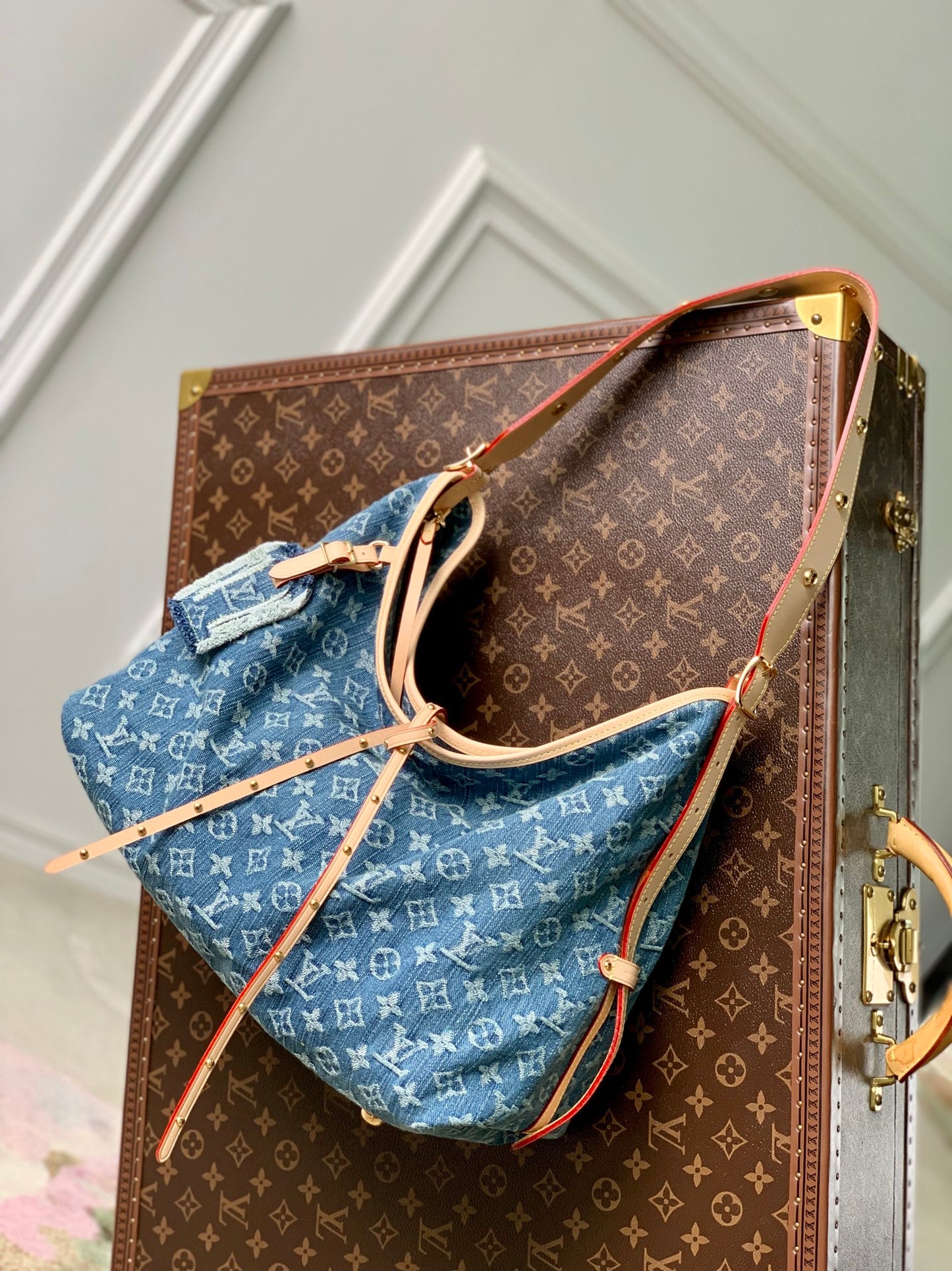 Louis Vuitton Classic Blue Monogram Denim Shoulder Handbag with Leather Bow