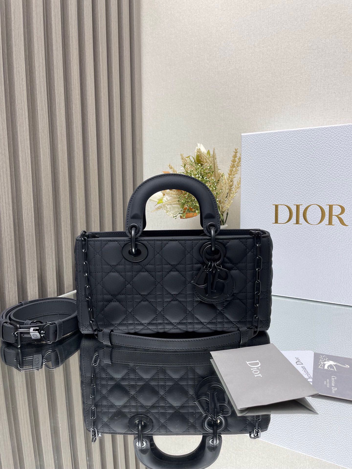 Dior Classic Matte Black Quilted Leather Top Handle Crossbody Bag