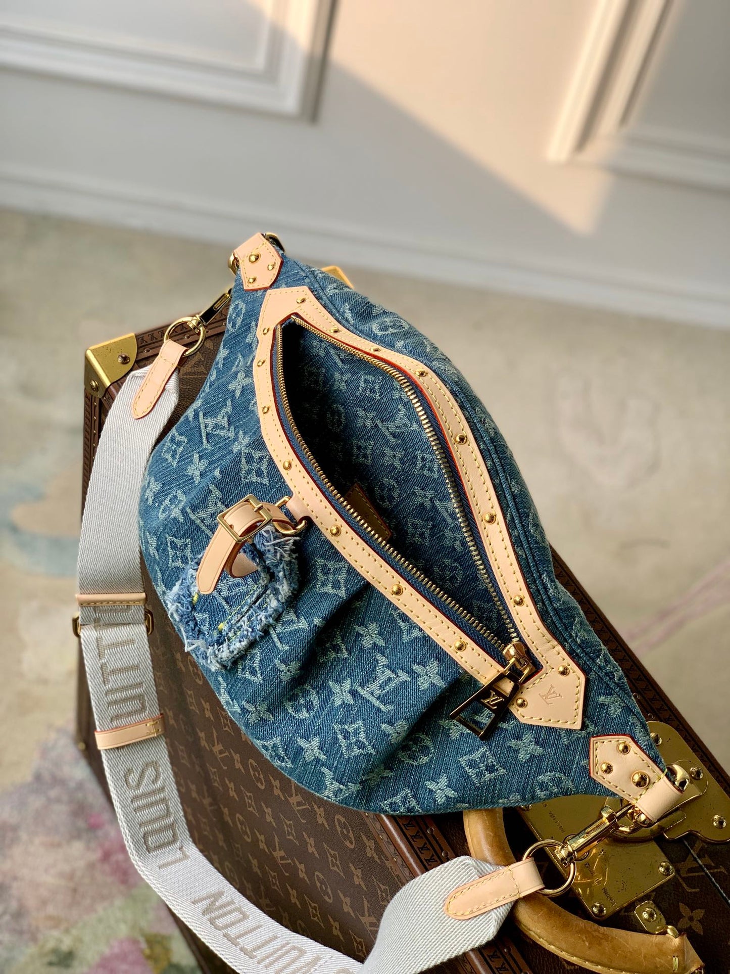 Louis Vuitton Blue Denim Monogram Print Belt Bag with Leather Trim