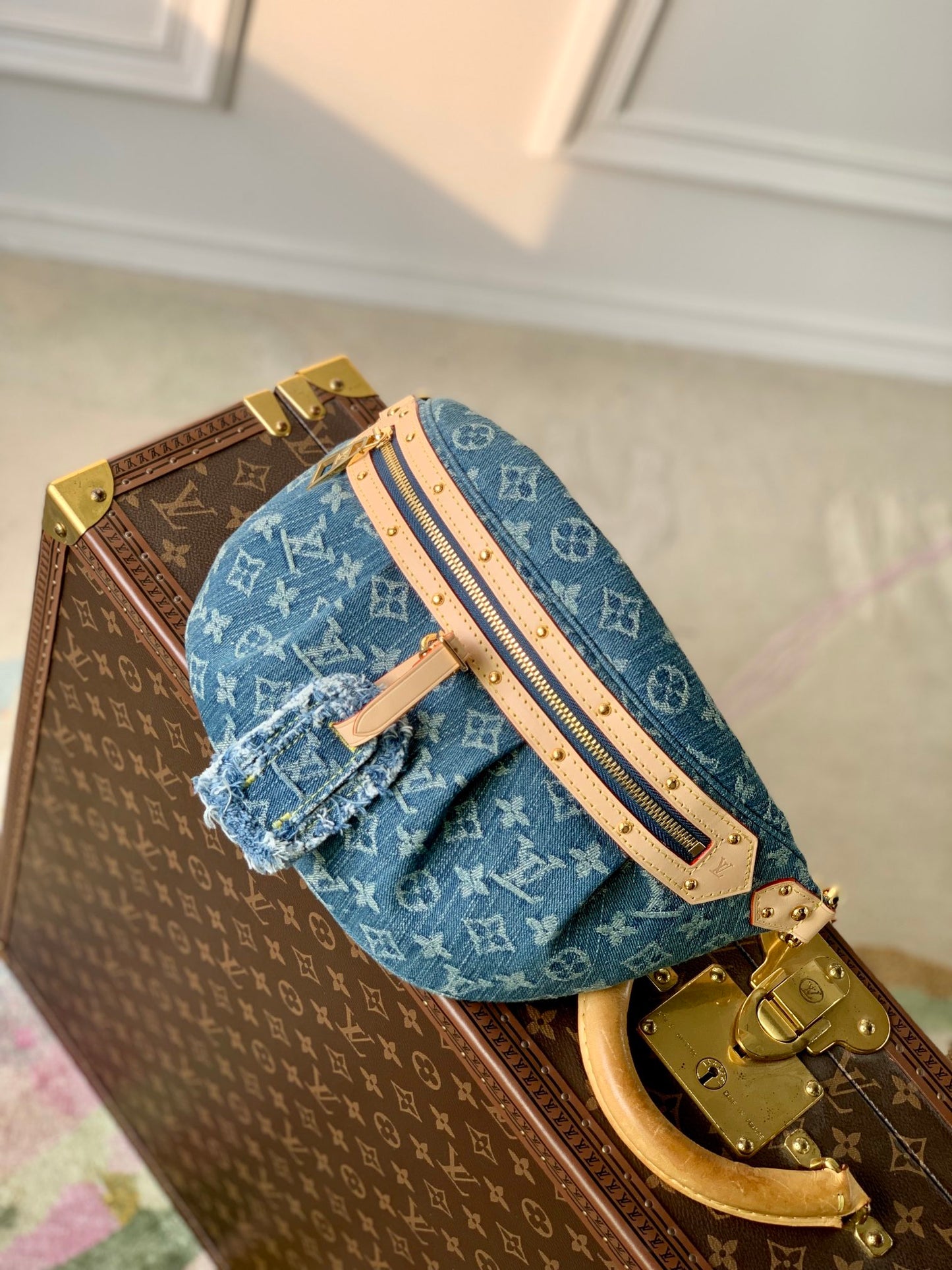 Louis Vuitton Blue Denim Monogram Print Belt Bag with Leather Trim