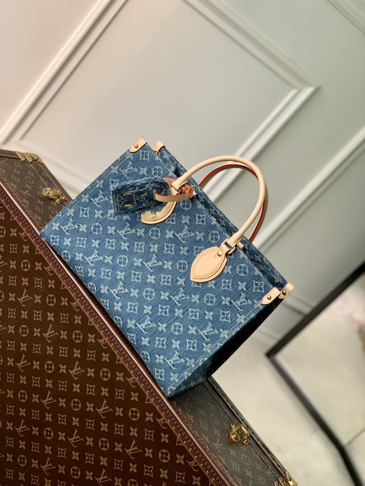 Louis Vuitton Classic Blue Denim Monogram Pattern Tote Handbag with Leather Handles