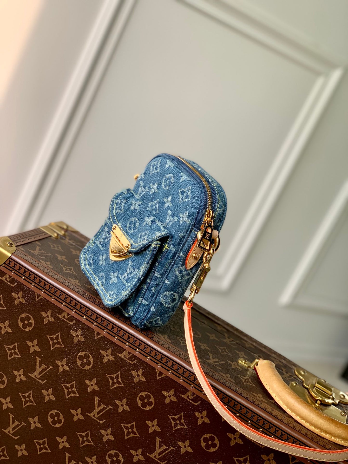 Louis Vuitton Vintage Monogram Blue Denim Crossbody Shoulder Bag with Gold Clasp