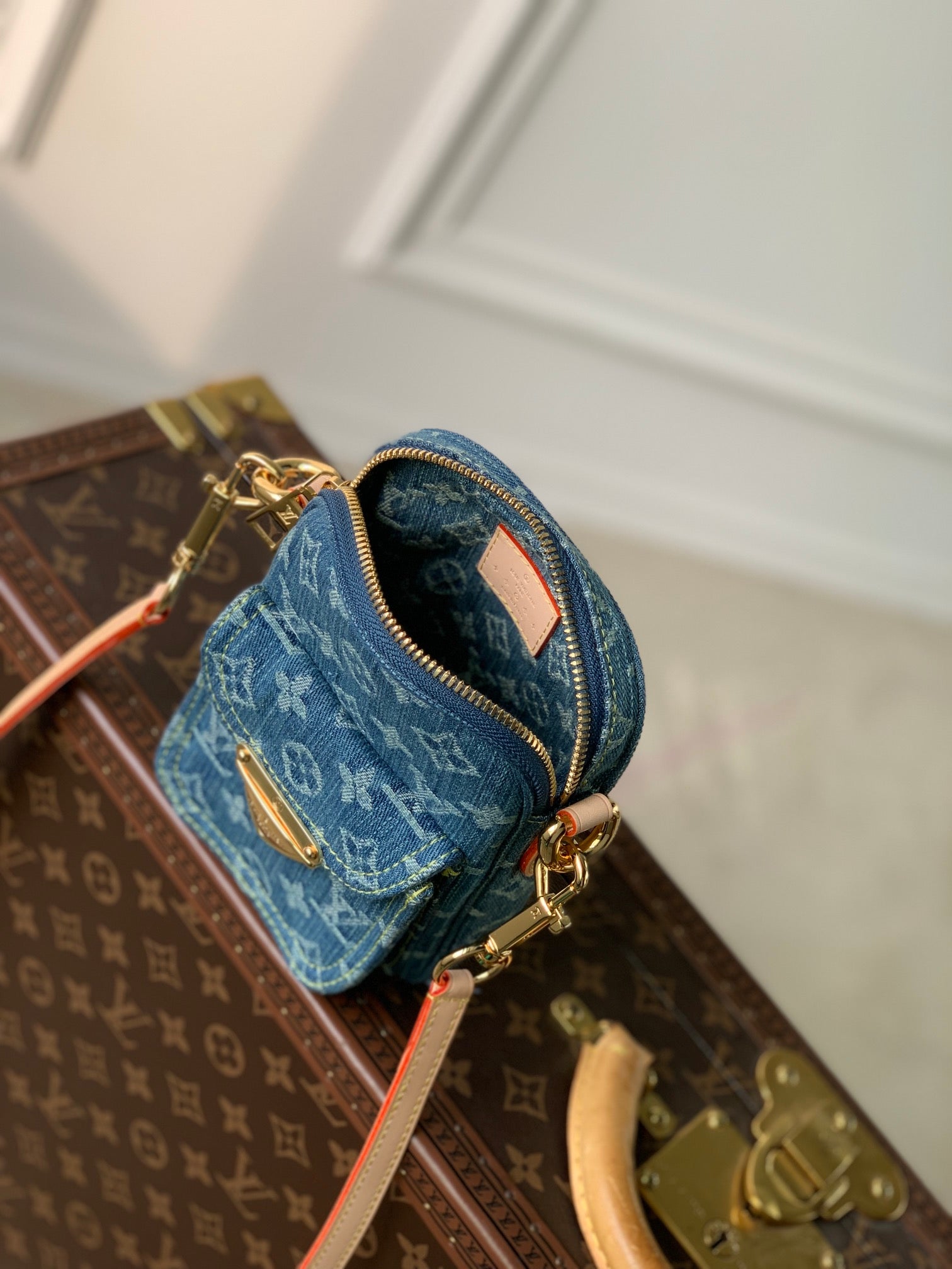 Louis Vuitton Vintage Monogram Blue Denim Crossbody Shoulder Bag with Gold Clasp
