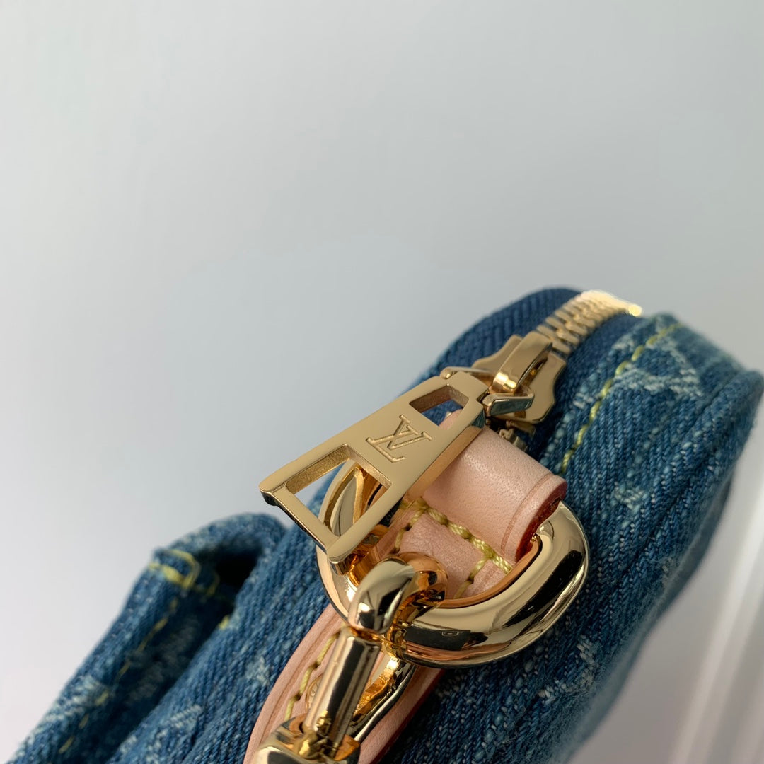Louis Vuitton Vintage Monogram Blue Denim Crossbody Shoulder Bag with Gold Clasp