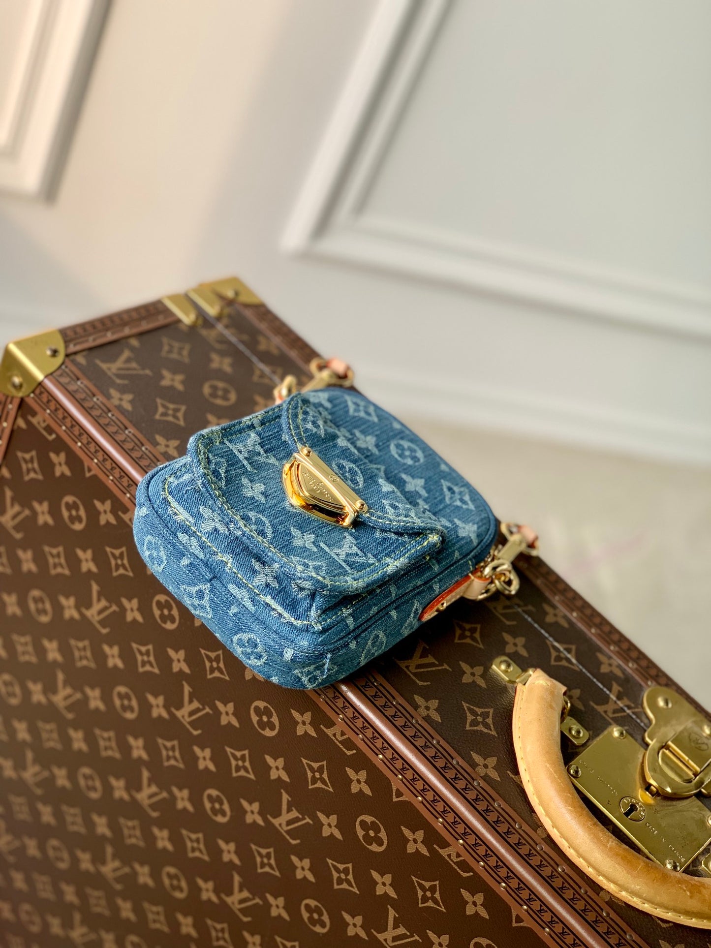 Louis Vuitton Vintage Monogram Blue Denim Crossbody Shoulder Bag with Gold Clasp