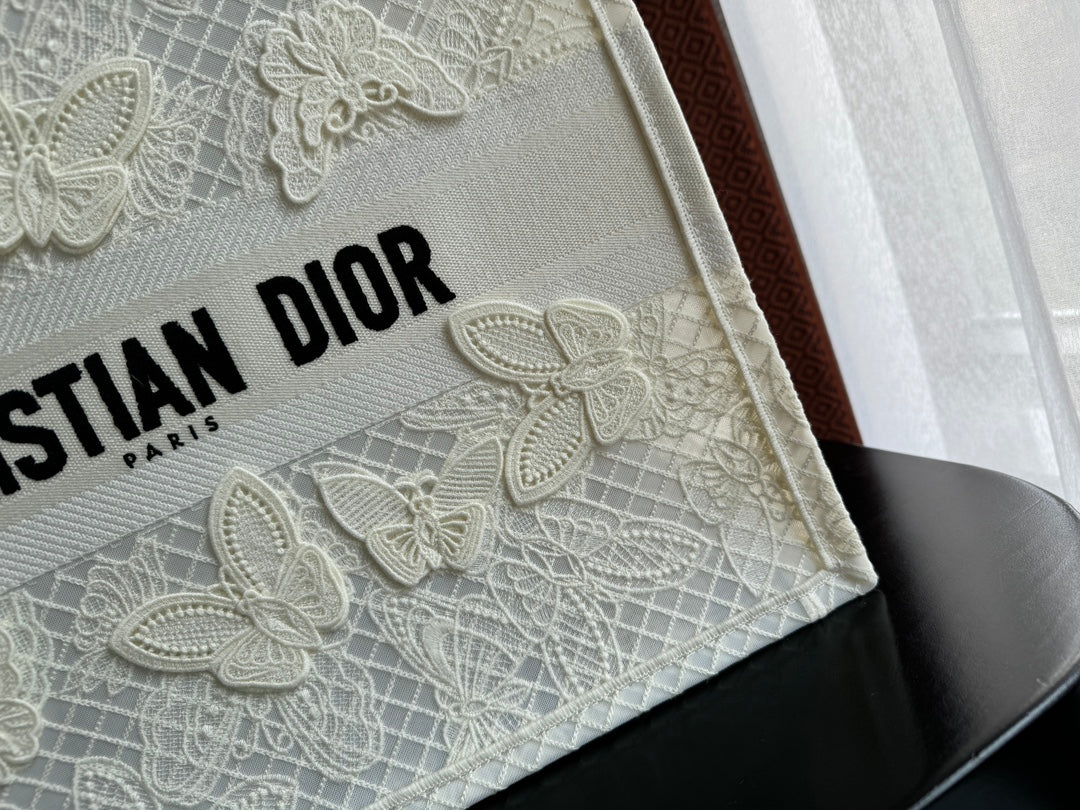 Dior Elegant White Canvas Tote Bag with 3D Embroidered Butterflies