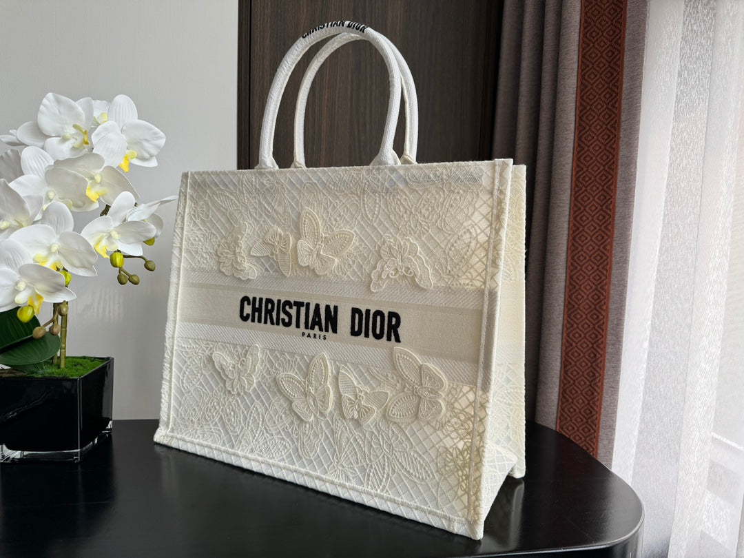 Dior Elegant White Canvas Tote Bag with 3D Embroidered Butterflies
