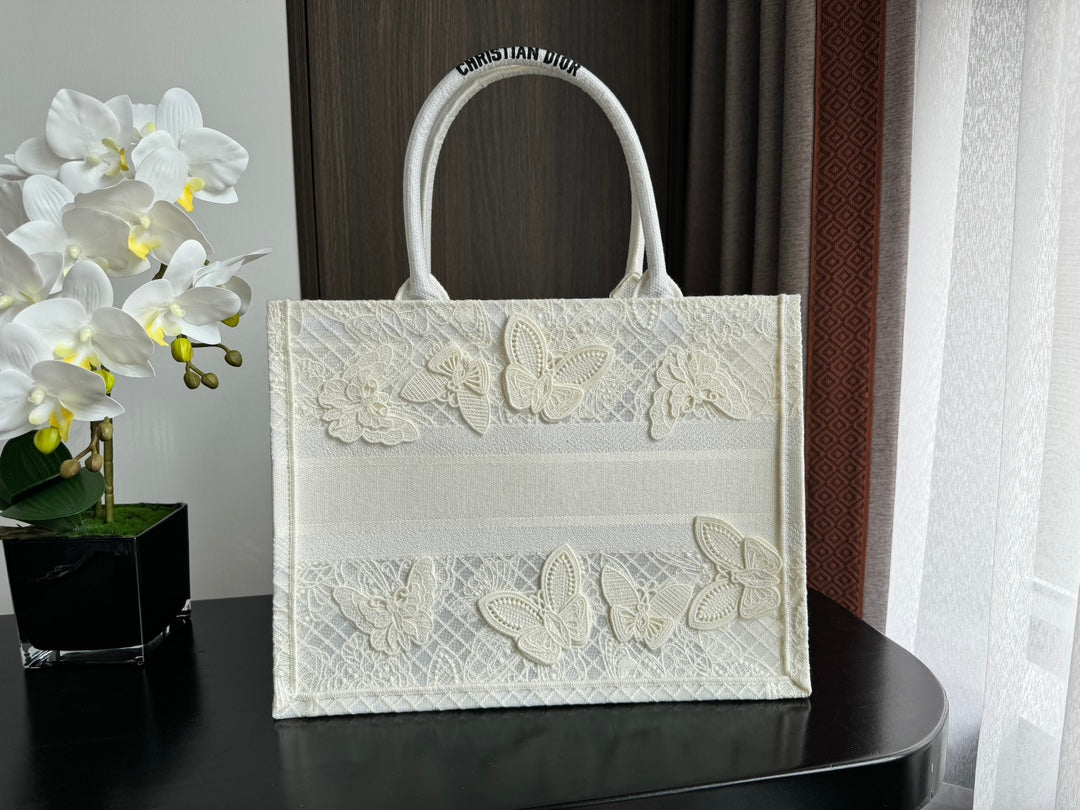 Dior Elegant White Butterfly Embroidered Canvas Tote Handbag