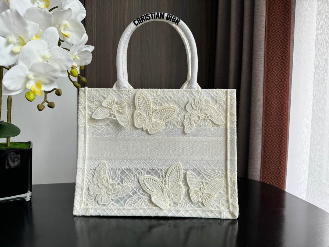 Dior White Embroidered Butterfly Lace Canvas Tote Bag for Women