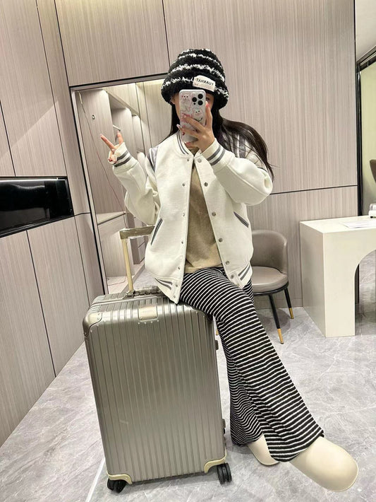Women's Oversized White Varsity Baseball Jacket with Striped Trim