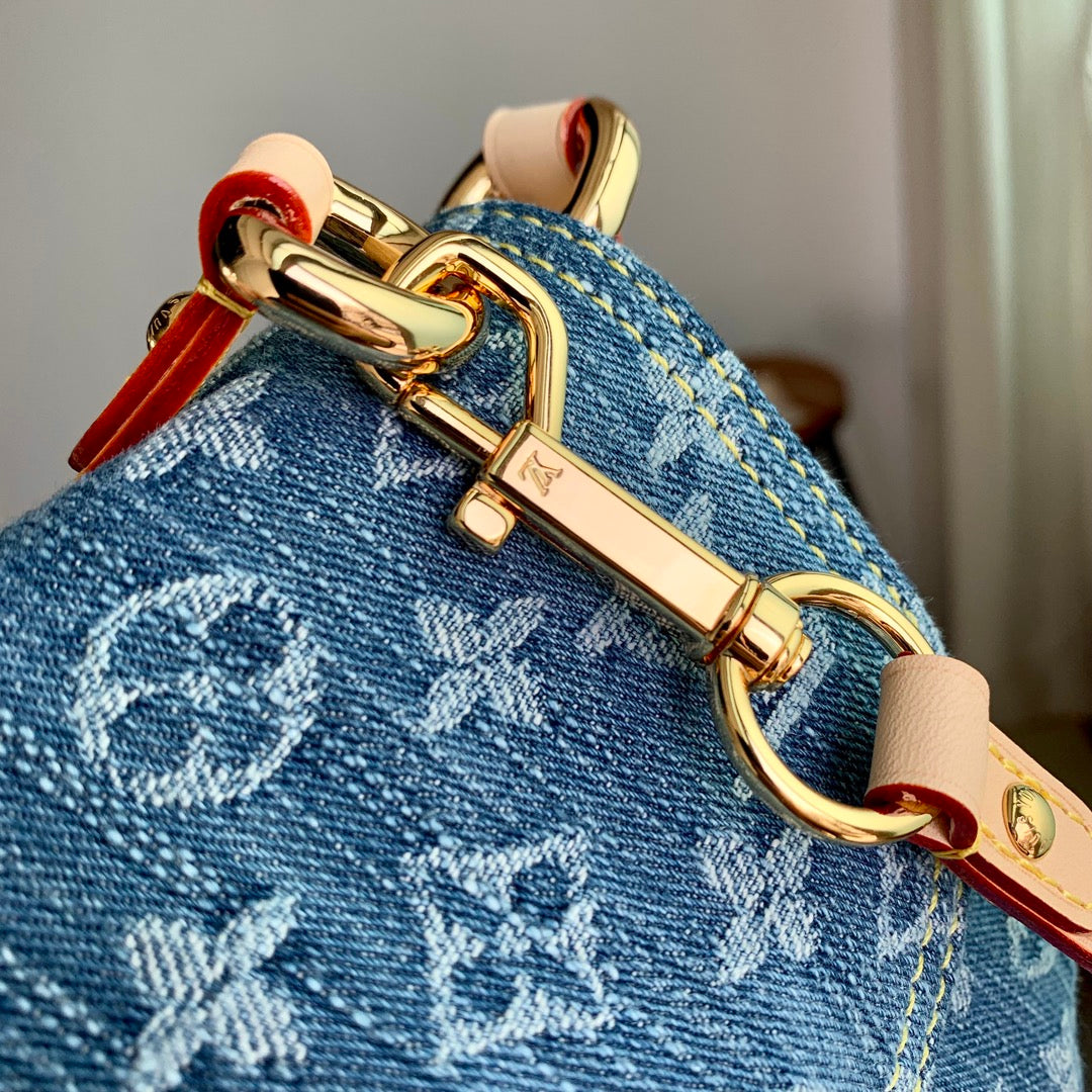 Louis Vuitton Vintage Style Blue Denim Monogram Shoulder Bag with Gold Hardware