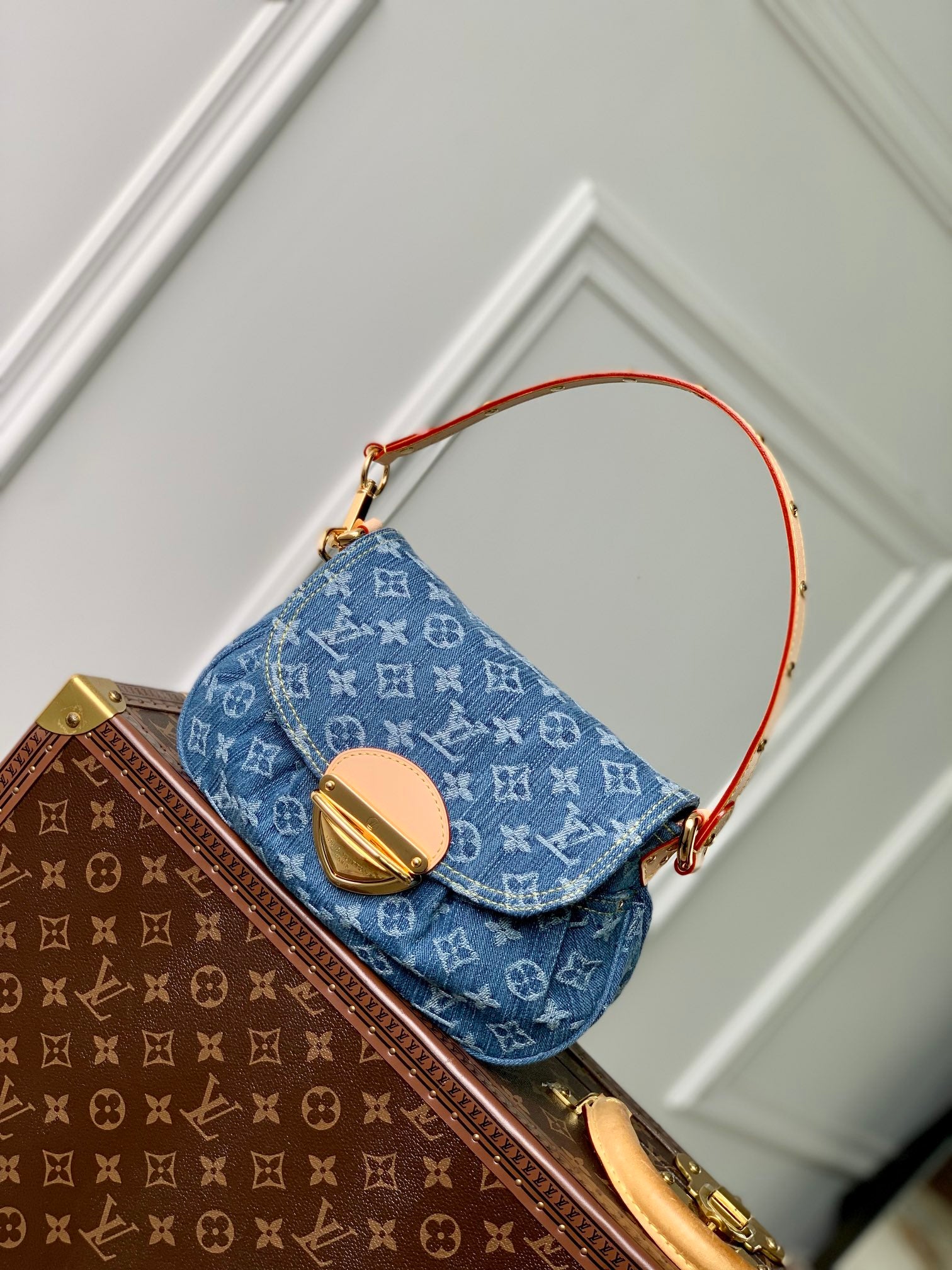 Louis Vuitton Vintage Style Blue Denim Monogram Shoulder Bag with Gold Hardware