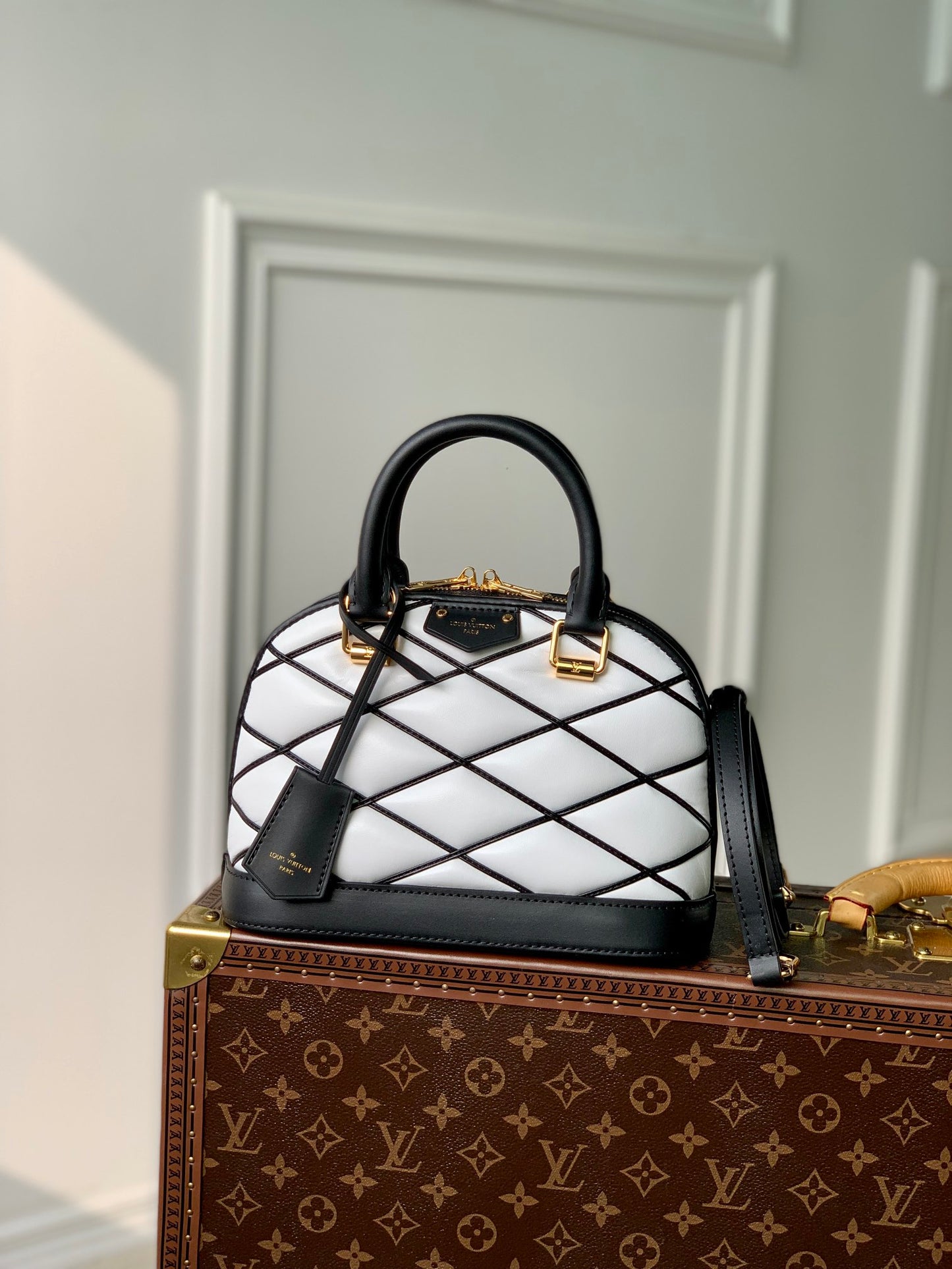 Louis Vuitton White and Black Quilted Dome Top Handle Crossbody Satchel Bag