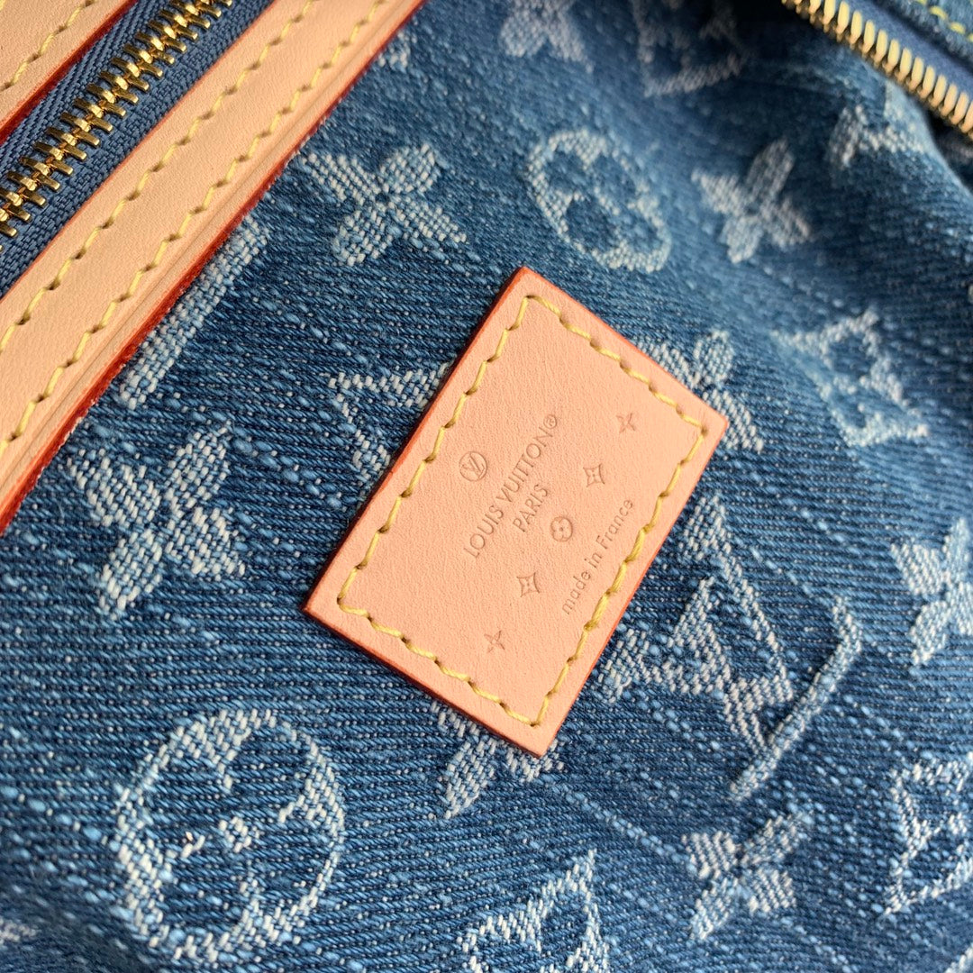 Louis Vuitton Blue Monogram Denim Weekender Travel Bag with Leather Trim