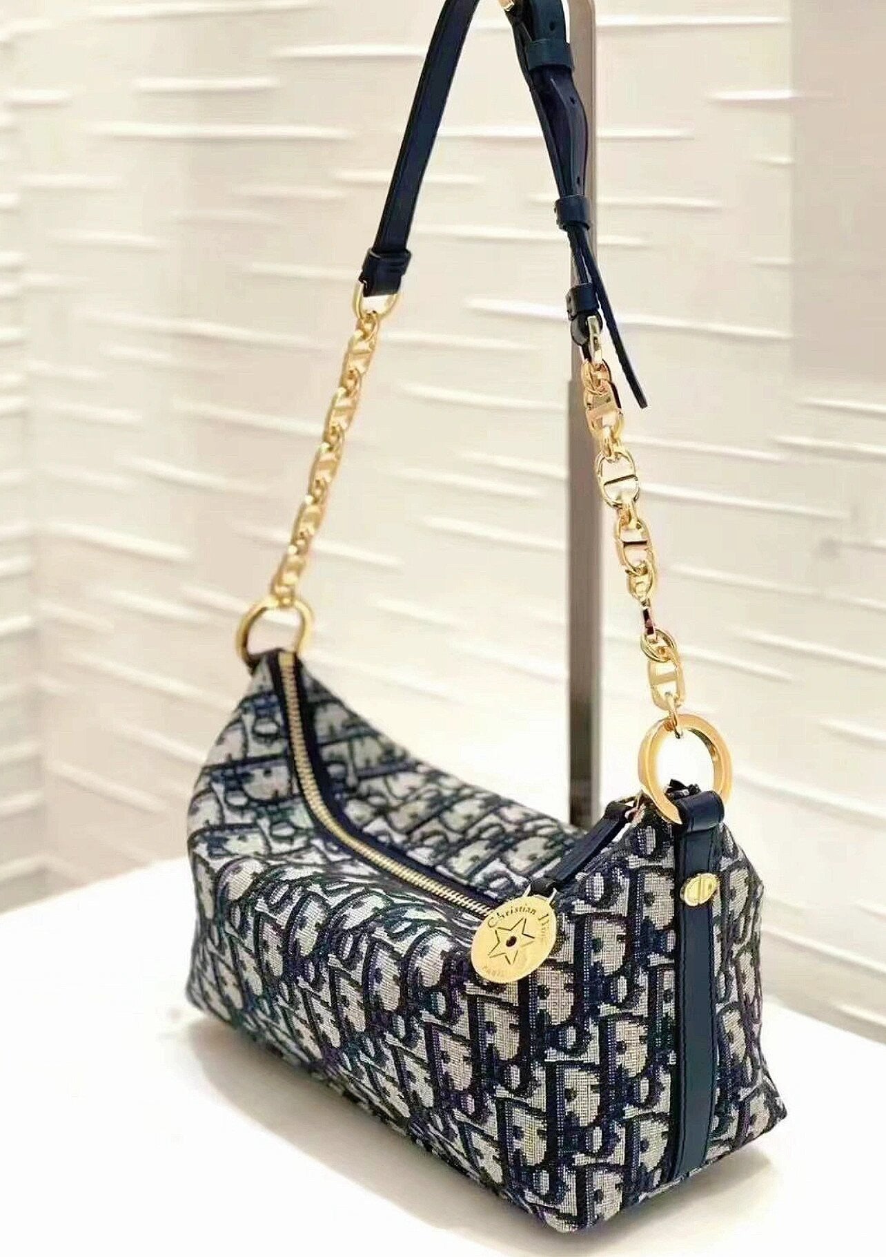 Dior Classic Monogram Canvas Baguette Shoulder Bag with Gold Chain