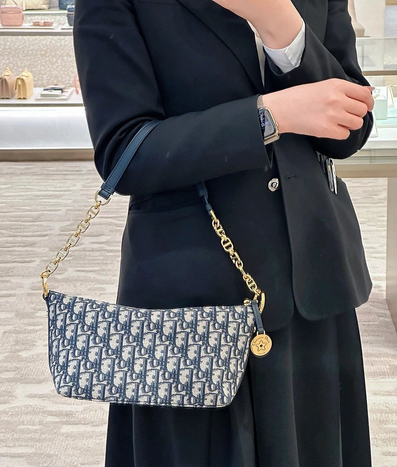 Christian Dior Mini Oblique Jacquard Shoulder Bag with Gold Chain Strap