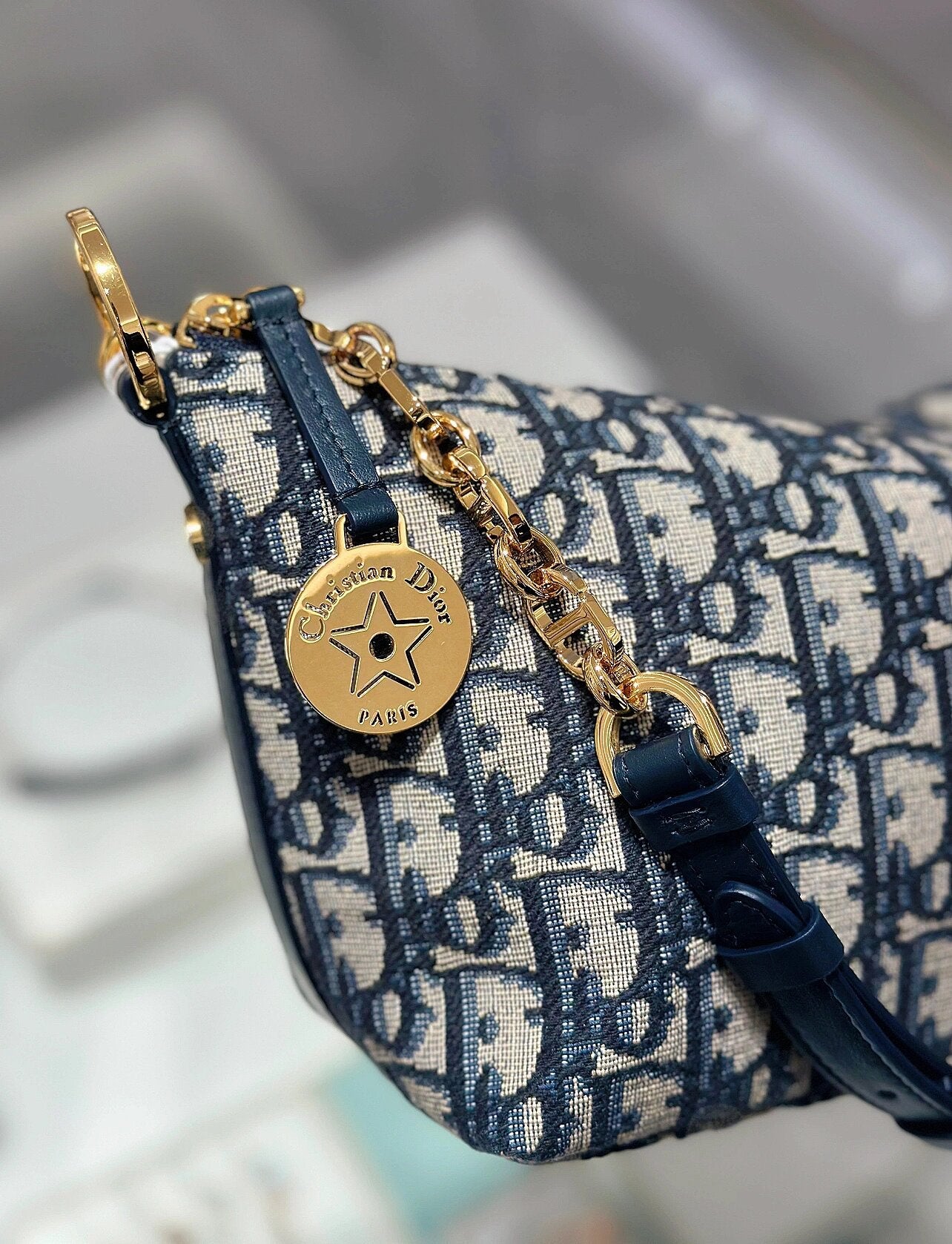 Dior Classic Monogram Canvas Baguette Shoulder Bag with Gold Chain