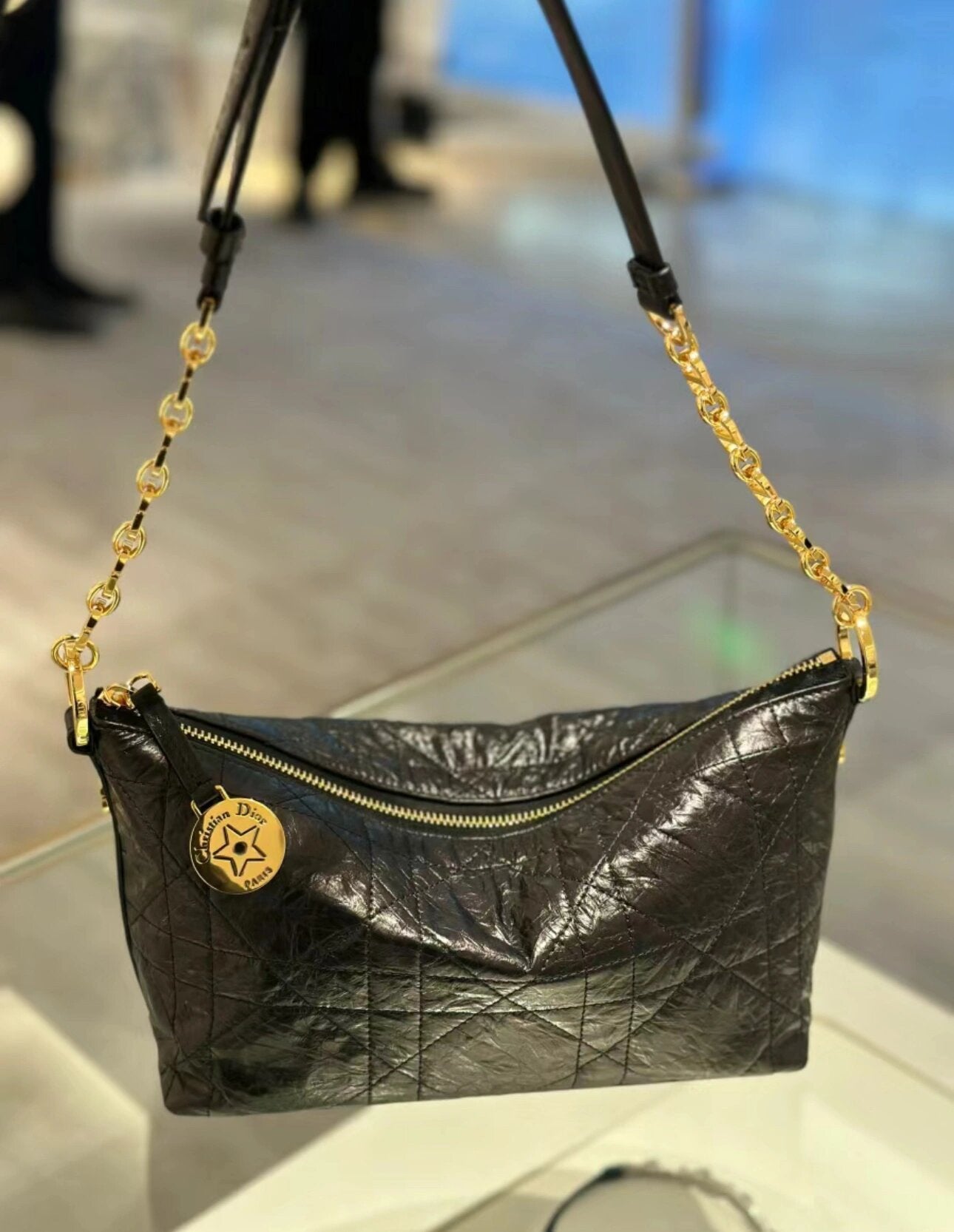 Dior Vintage Black Quilted Shoulder Bag with Gold Chain Strap
