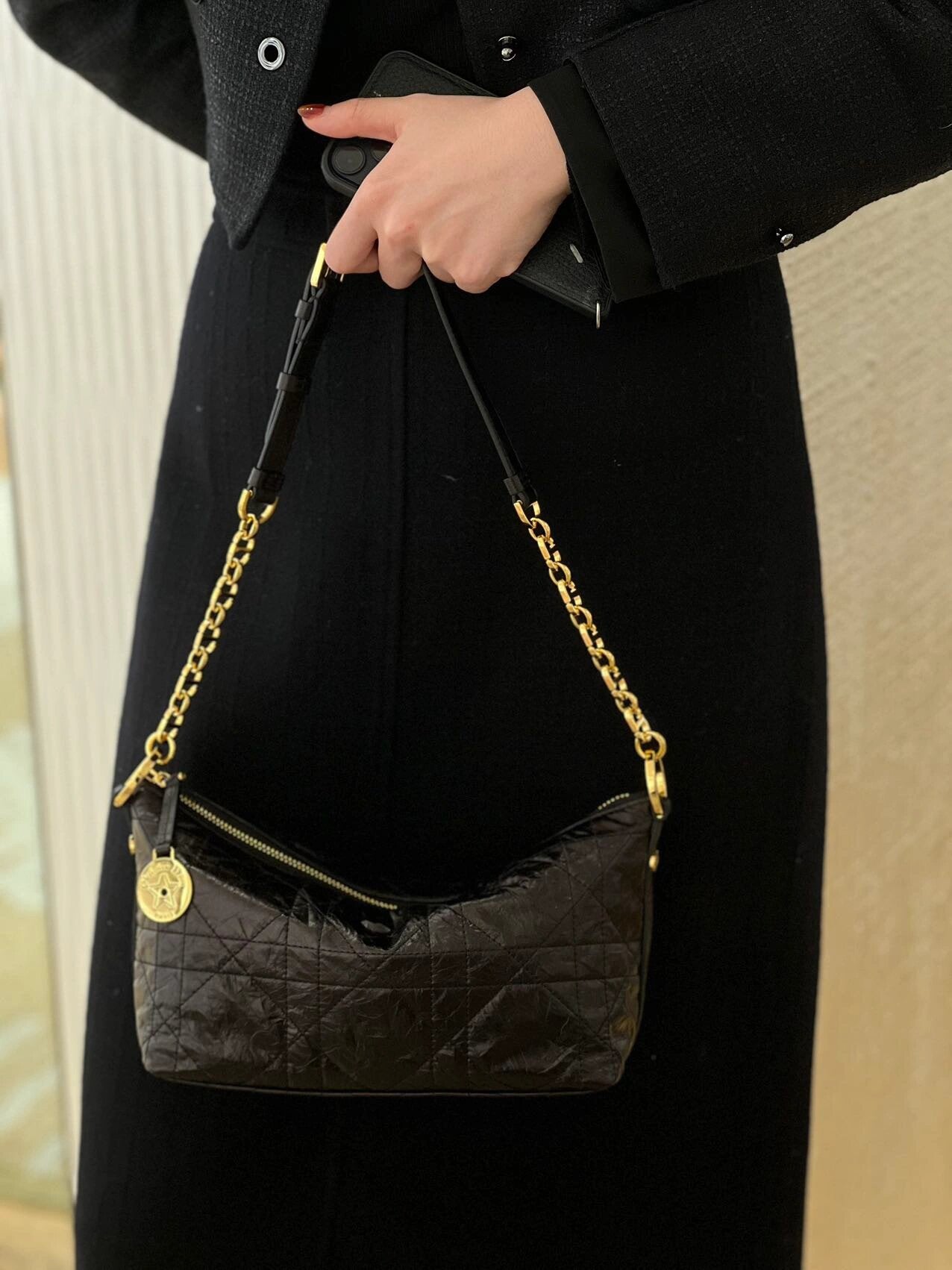 Dior Vintage Black Quilted Shoulder Bag with Gold Chain Strap