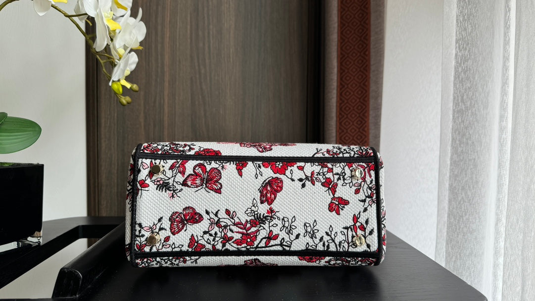Dior Red and White Floral Canvas Top Handle Handbag with Shoulder Strap