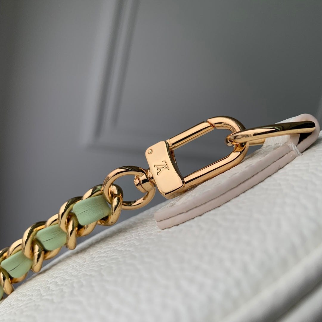 Louis Vuitton Mini Cream Leather Top Handle Bag with Sage Green Monogram and Gold Chain