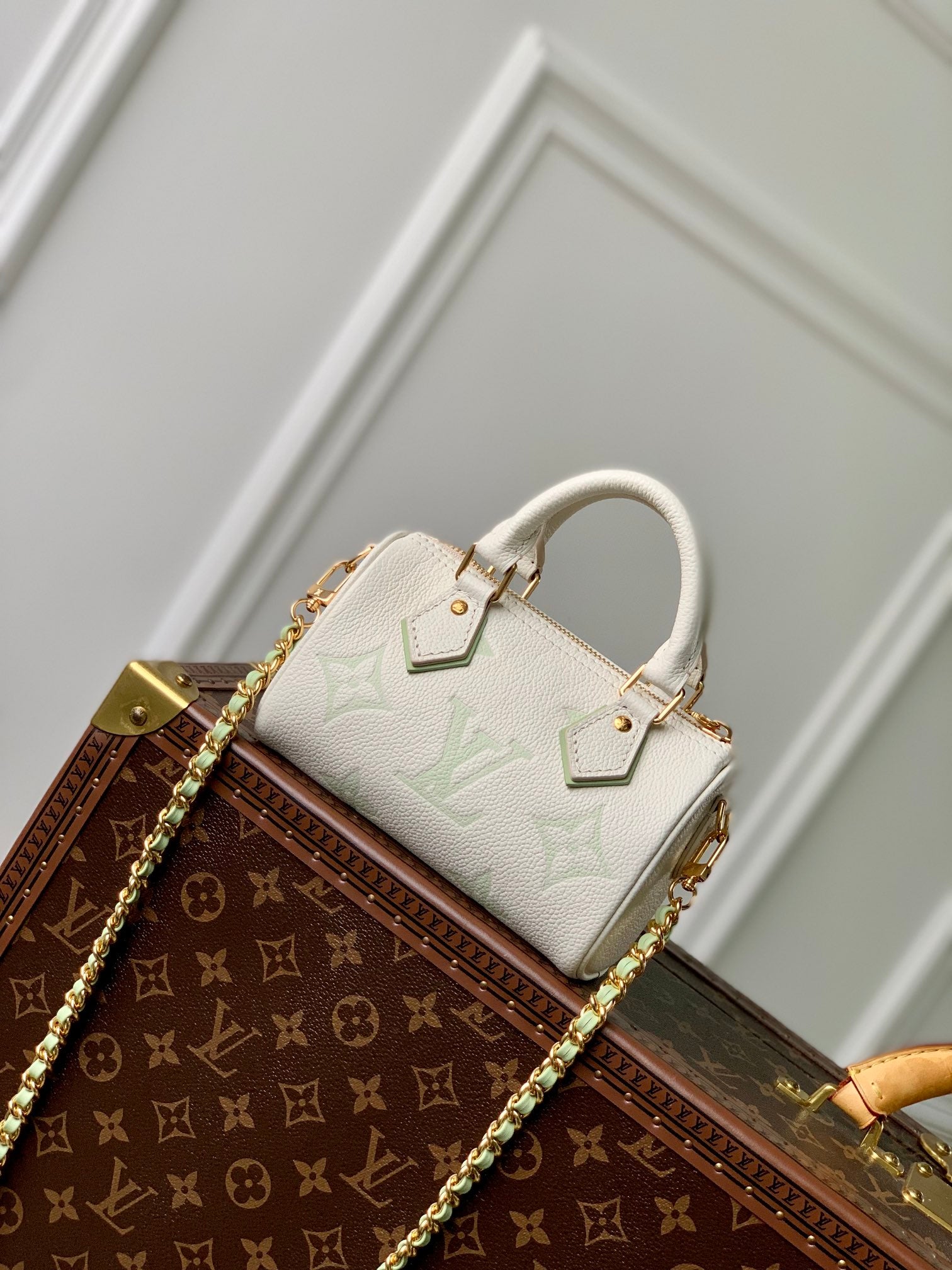 Louis Vuitton Mini Cream Leather Top Handle Bag with Sage Green Monogram and Gold Chain