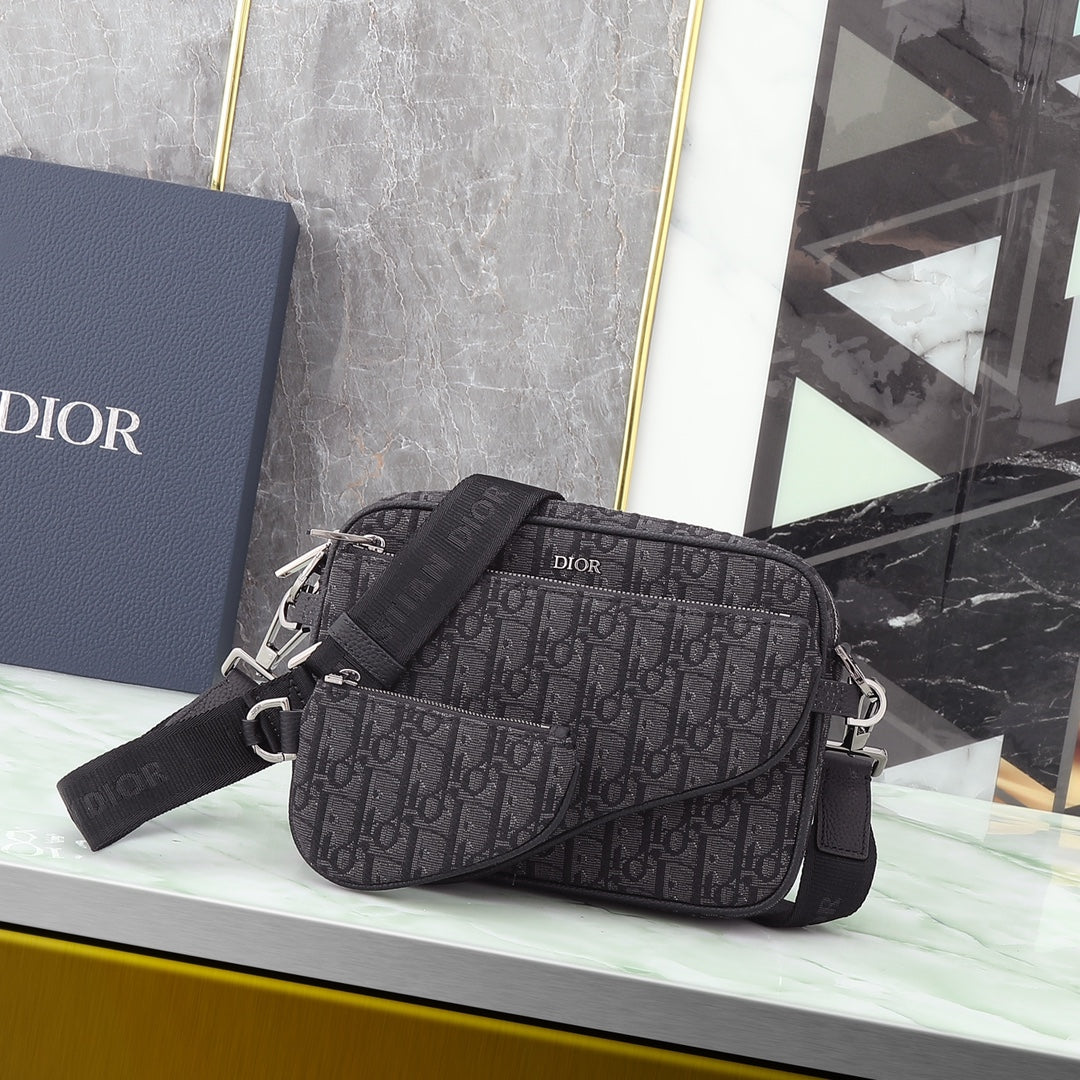 Dior Black Monogram Crossbody Messenger Bag with Detachable Pouch