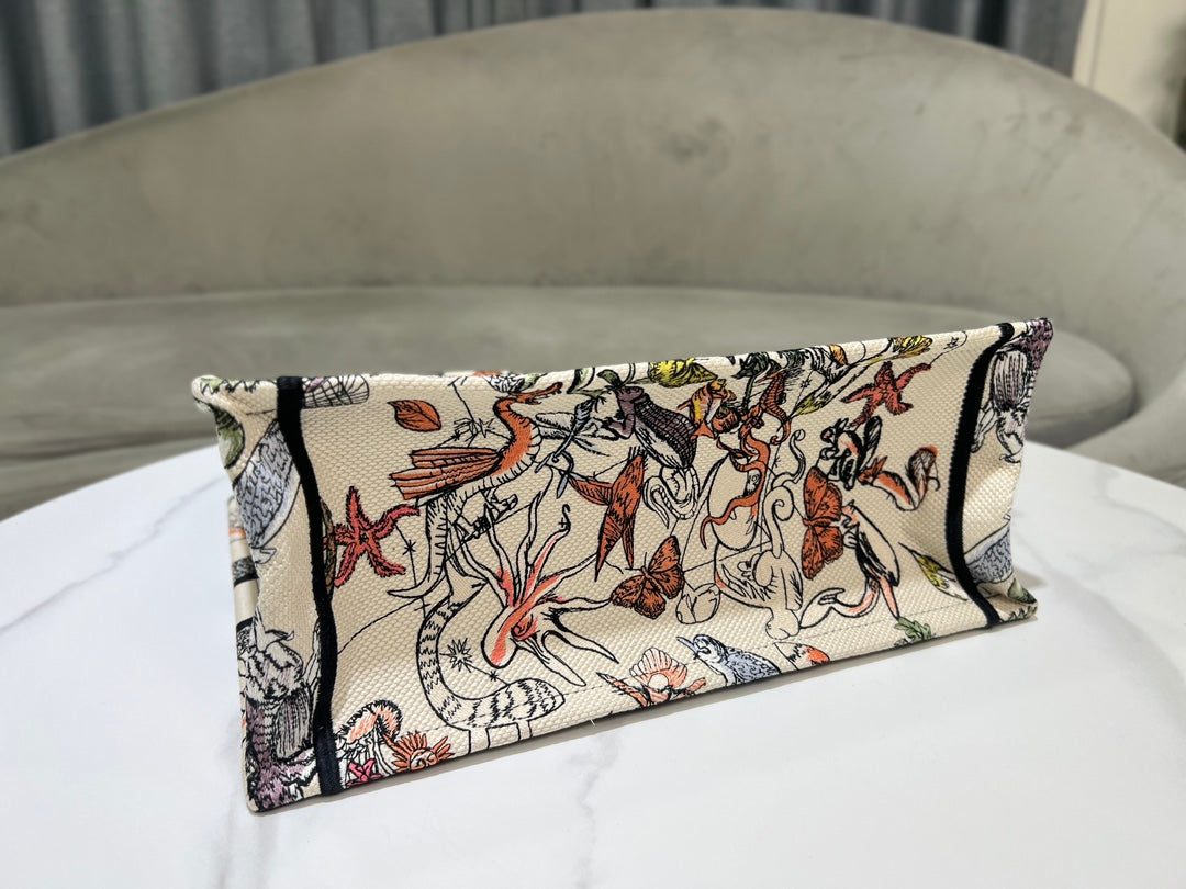 Dior Vintage Botanical and Animal Print Canvas Tote Bag with Top Handles