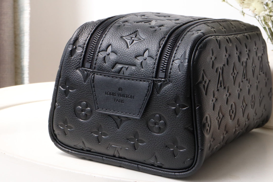 Louis Vuitton Luxury Black Embossed Monogram Dopp Kit Travel Toiletry Bag